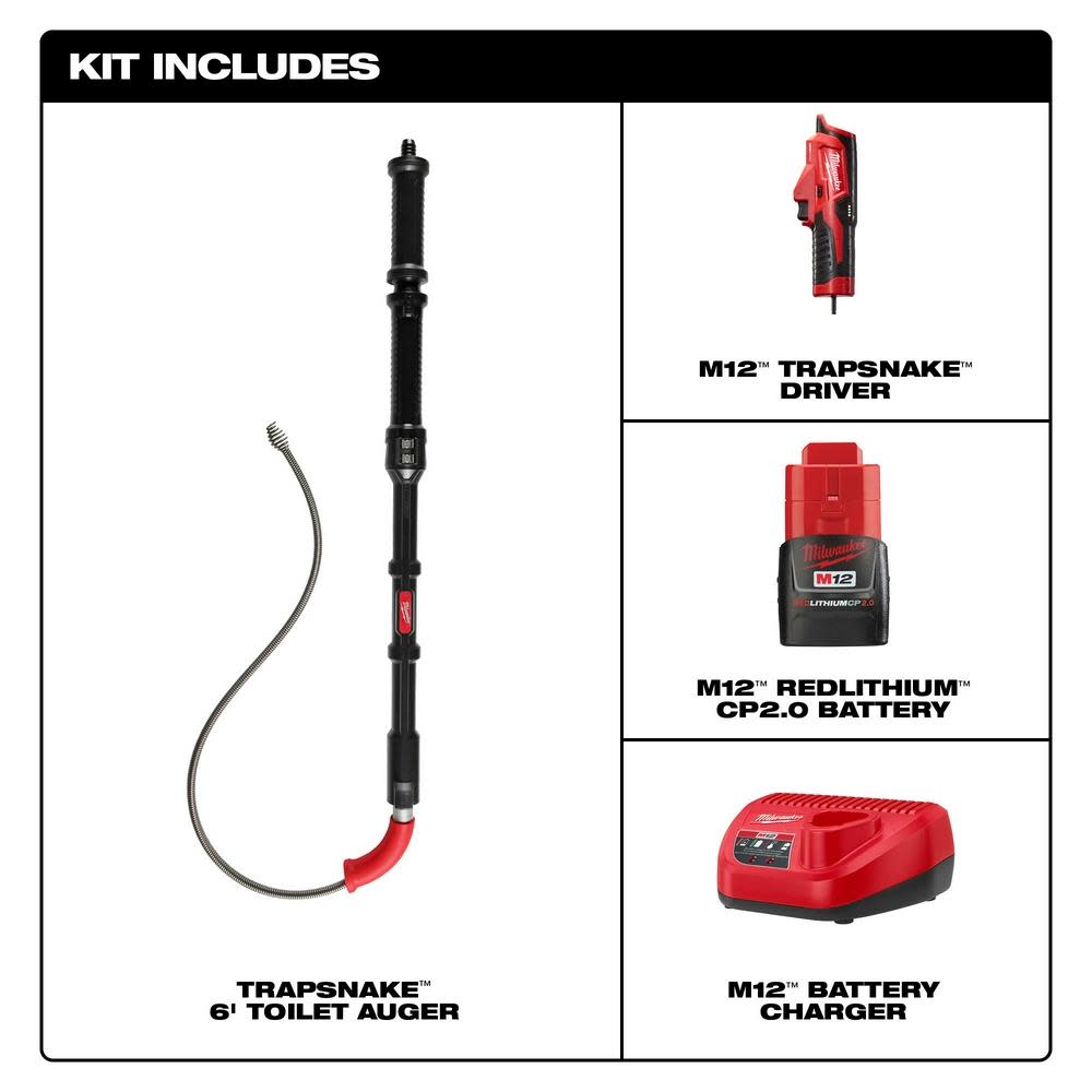 Milwaukee M12 TRAPSNAKE 6′ Toilet Auger Kit - Flockneti