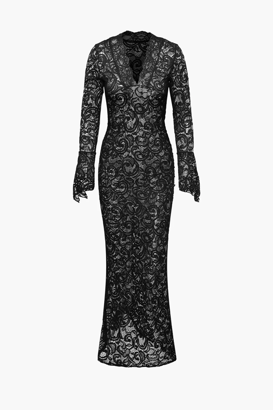 Lace V-Neck Shell Long Sleeve Maxi Dress - Flockneti