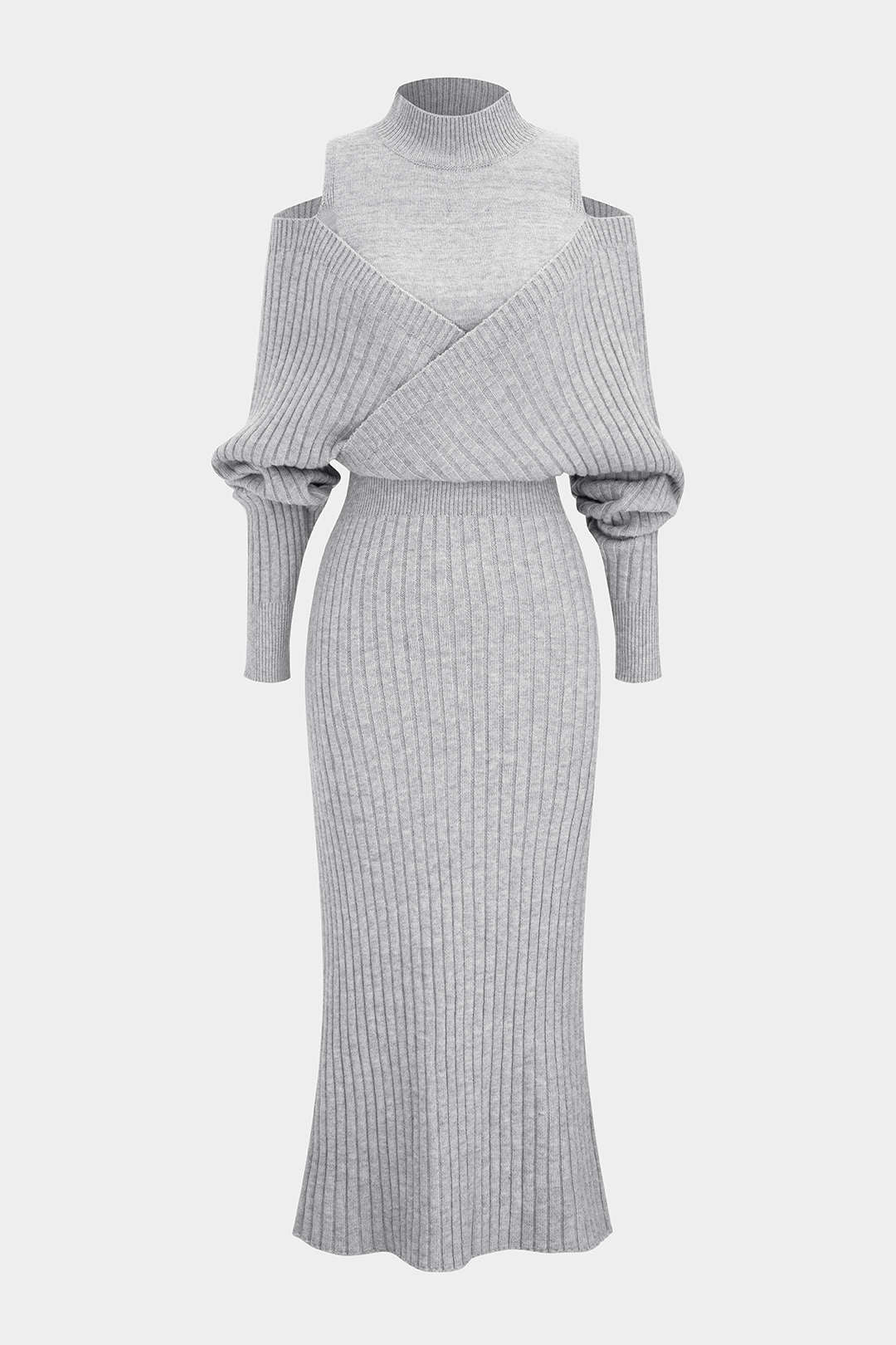 Knit Mock Neck Cut Out Ribbed Long Sleeve Dress - Flockneti