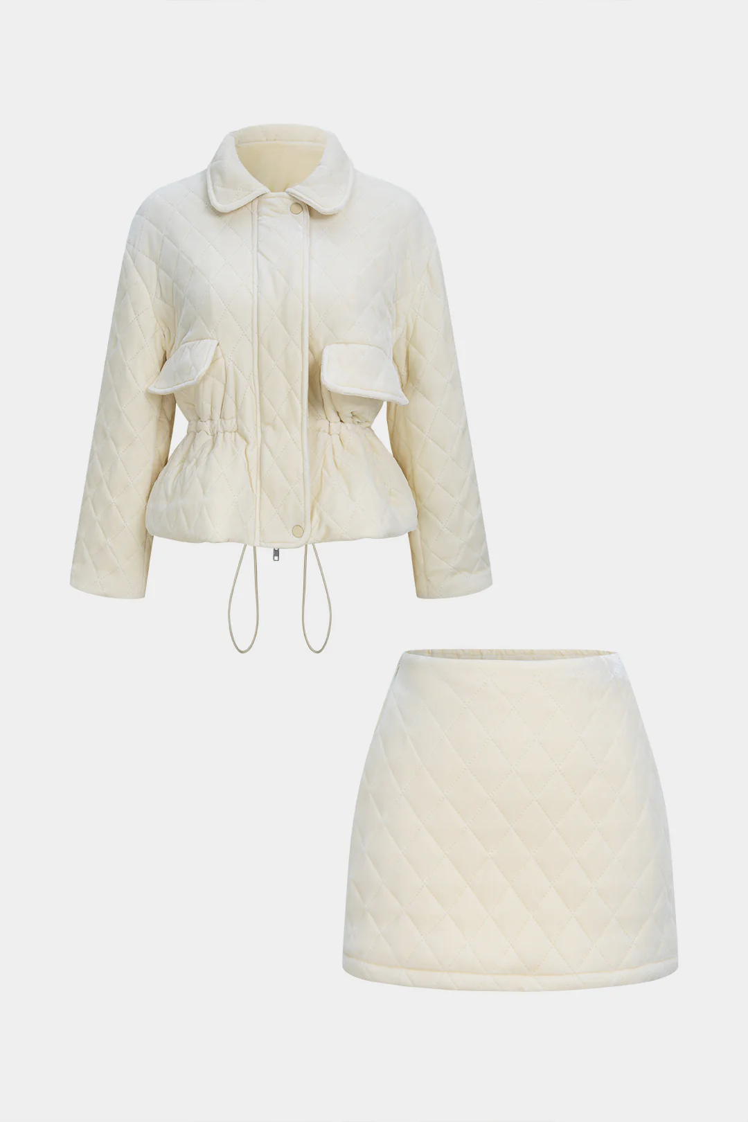 Quilted Velvet Zipper Jacket And Mini Skirt Set - Flockneti