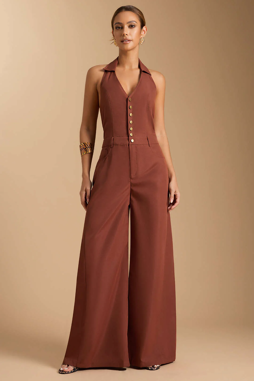 Halter V-Neck Button Smocked Pocket Sleeveless Jumpsuit - Flockneti