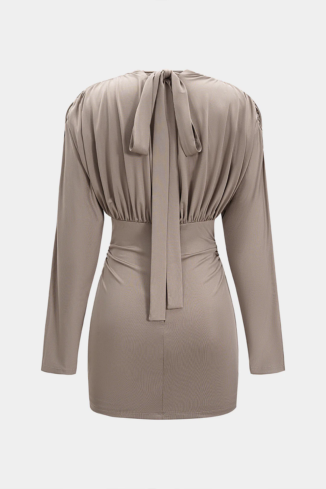 V-Neck Tie Back Ruched Long Sleeve Mini Dress - Flockneti