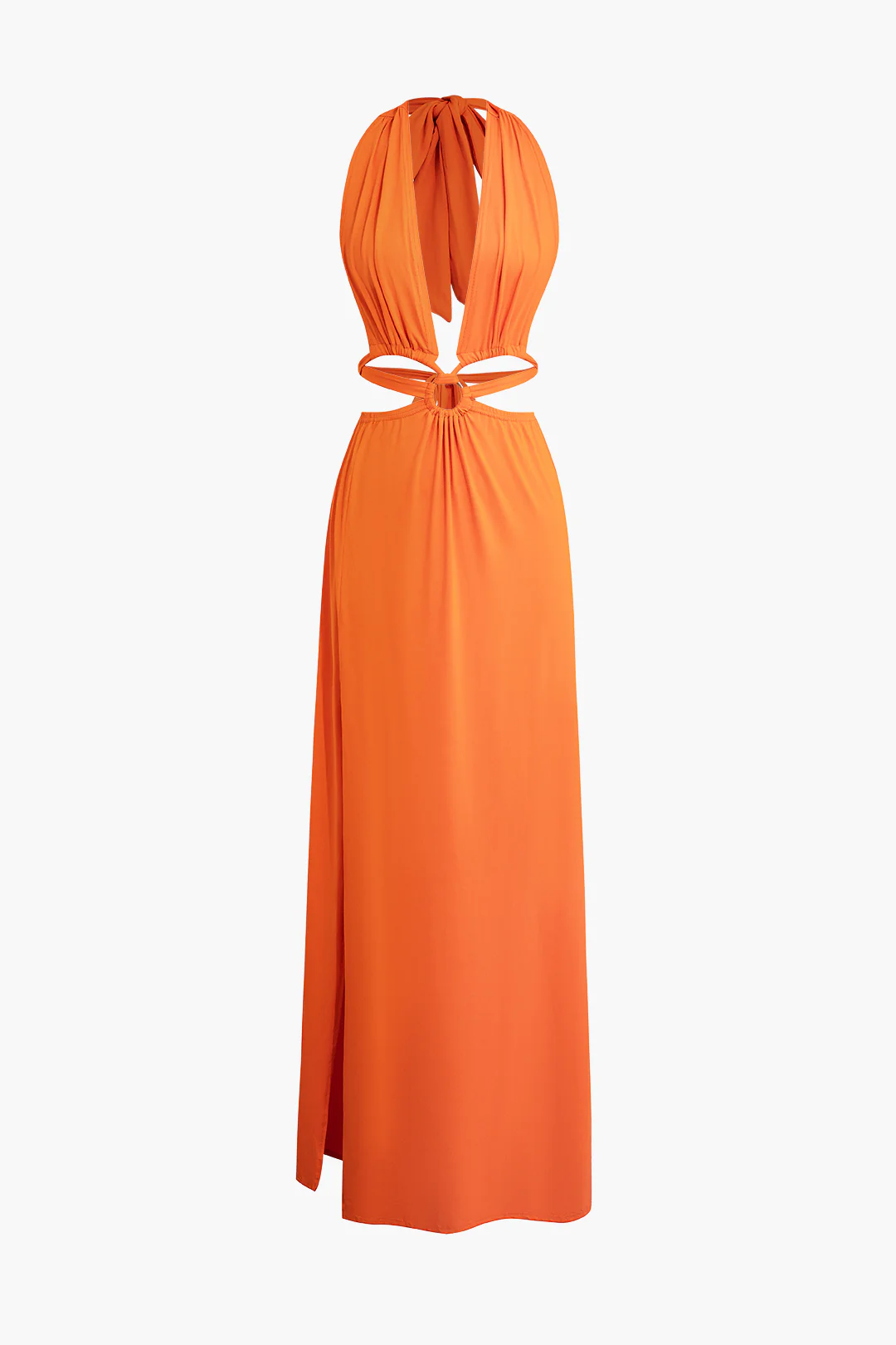 Halter Neck Backless Tie Up Ruched Cut Out Sleeveless Maxi Dress - Flockneti