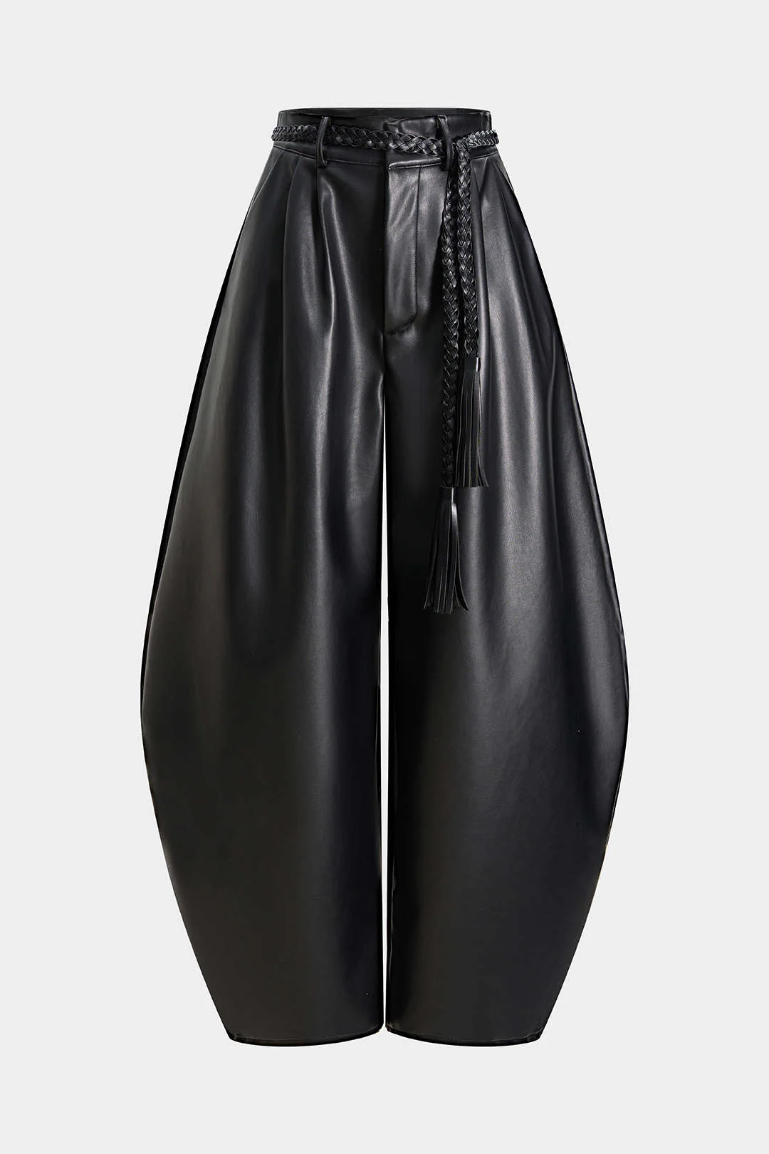 Faux Leather Braided Belted High Waist Barrel Trousers - Flockneti