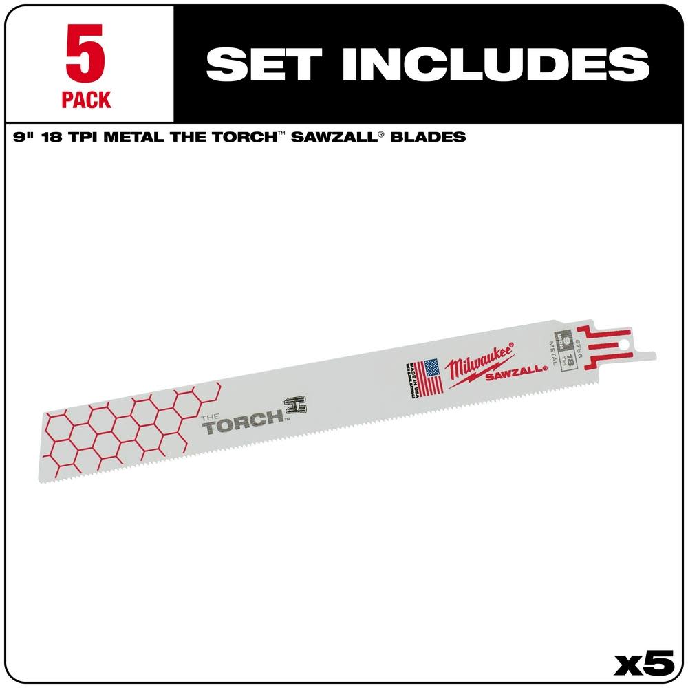 Milwaukee 9 in. 18 TPI THE TORCH SAWZALL Blade 5PK - Flockneti