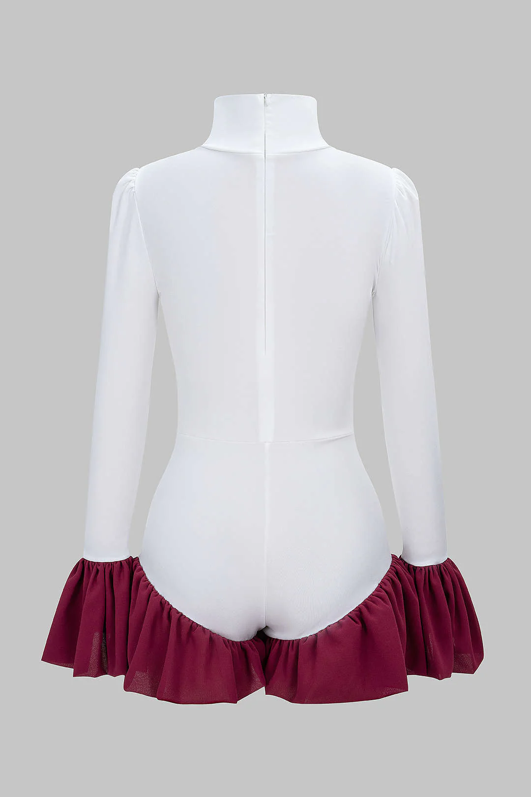 Contrast Mock Neck Ruched Bell Long Sleeve Bodysuit - Flockneti