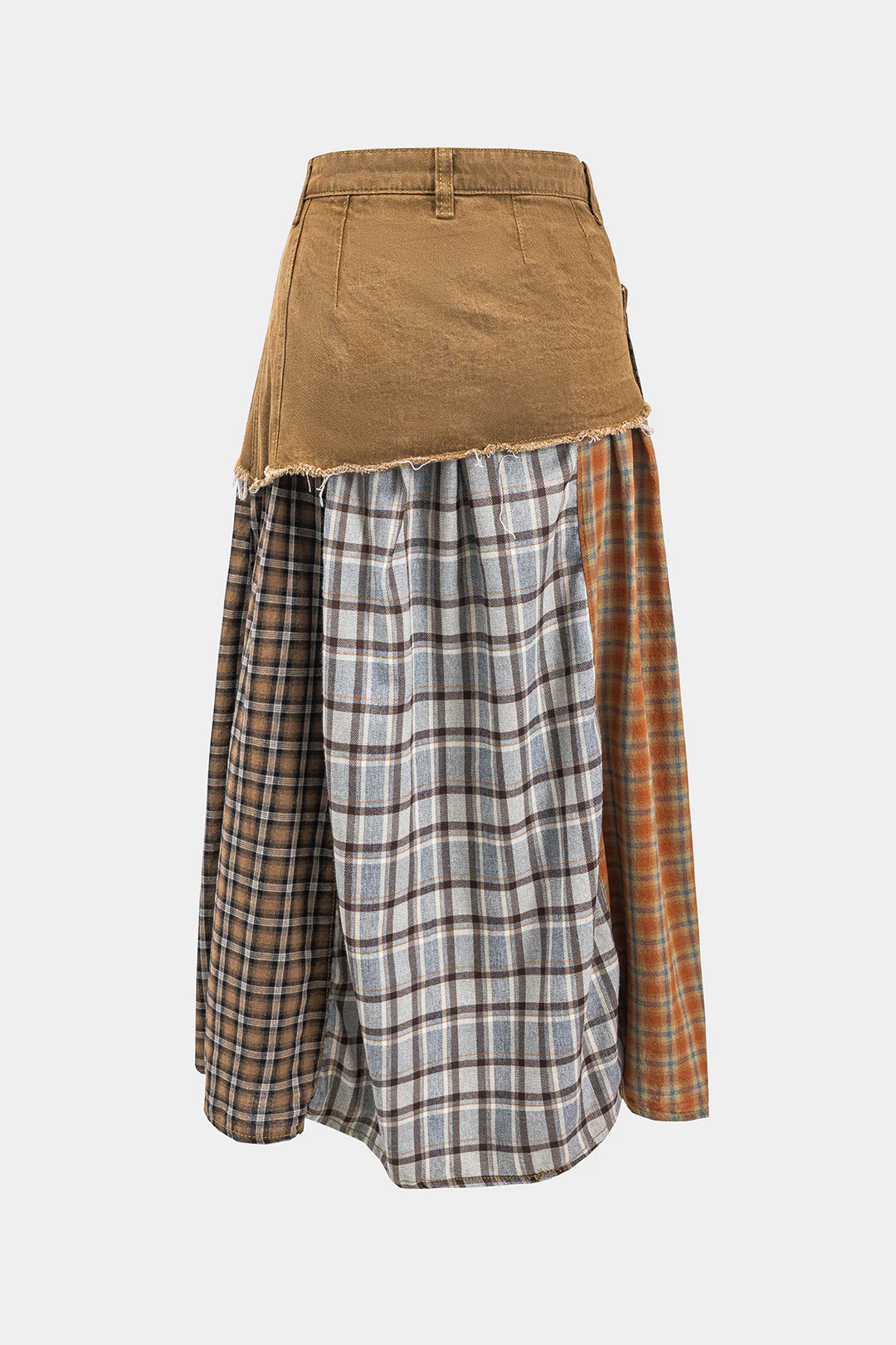 Color Block Plaid Print Denim Patchwork Asymmetrical Skirt - Flockneti