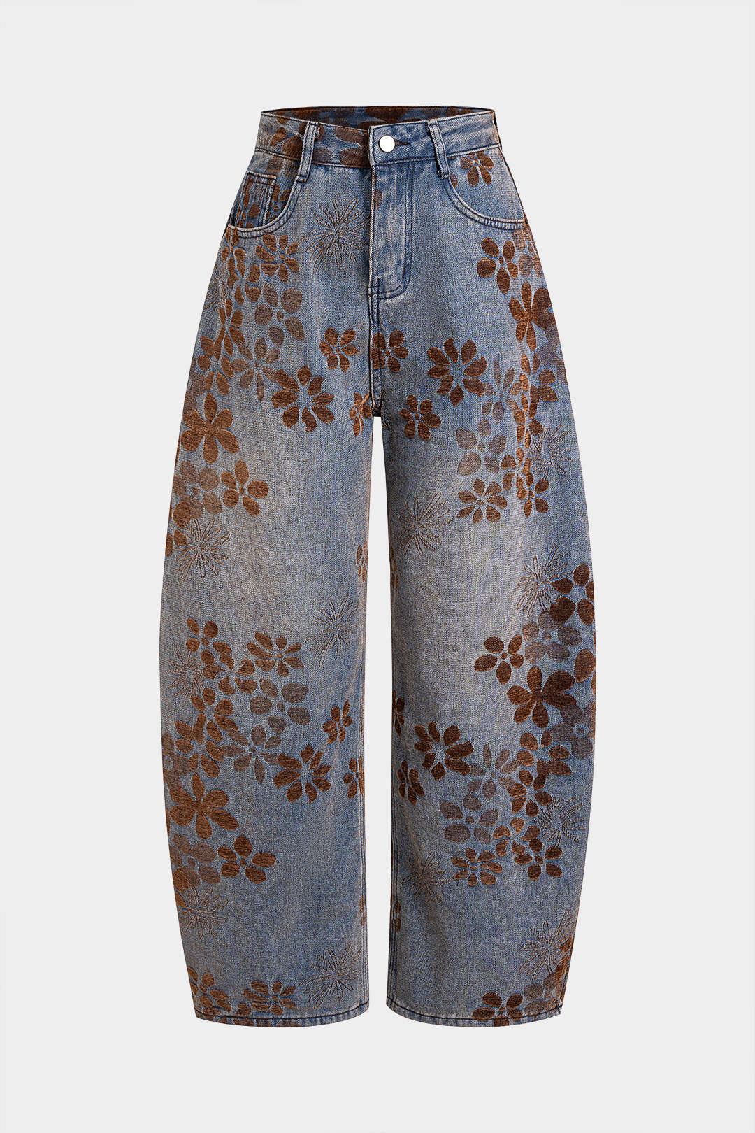 Denim Floral Print High-Waist Pocket Jeans - Flockneti