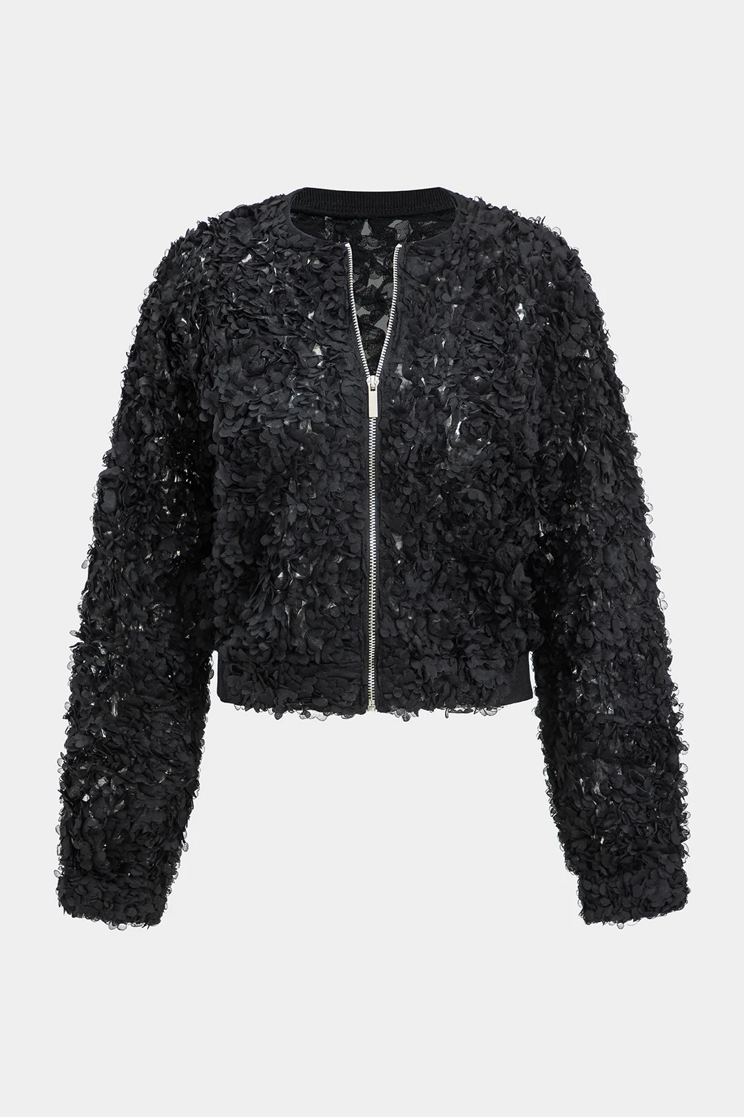 Sequin Round Neck Zipper Long-Sleeve Jacket - Flockneti