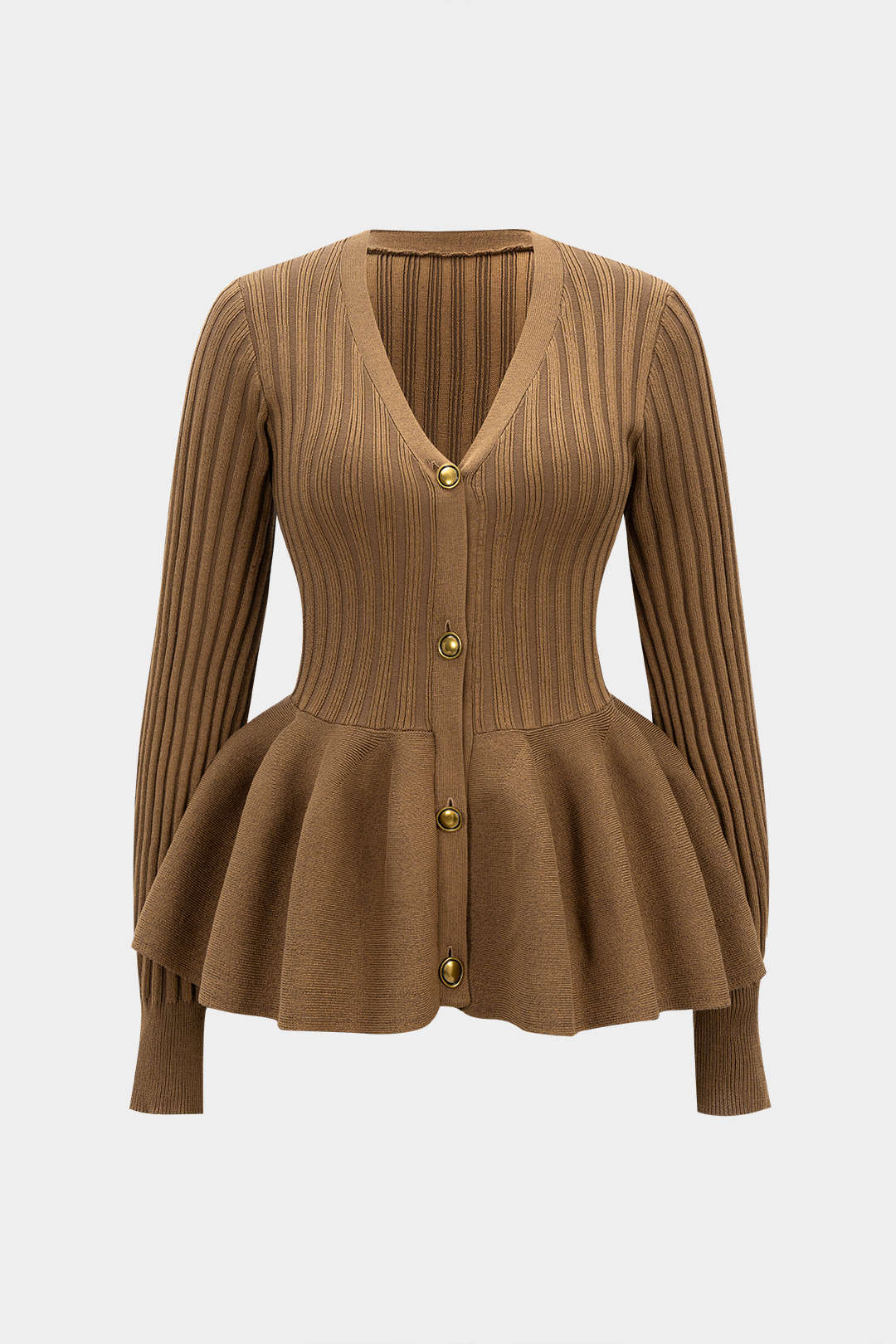 Knit V-Neck Puff Hem Ribbed Long-Sleeve Top - Flockneti
