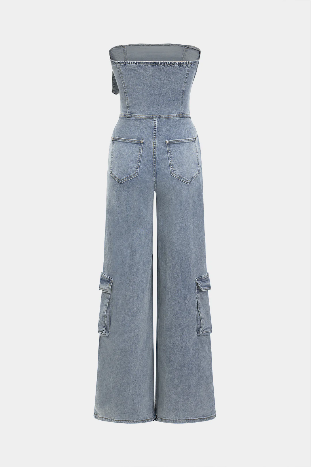 Denim Belted High Waist Strapless Sleeveless Jumpsuit - Flockneti