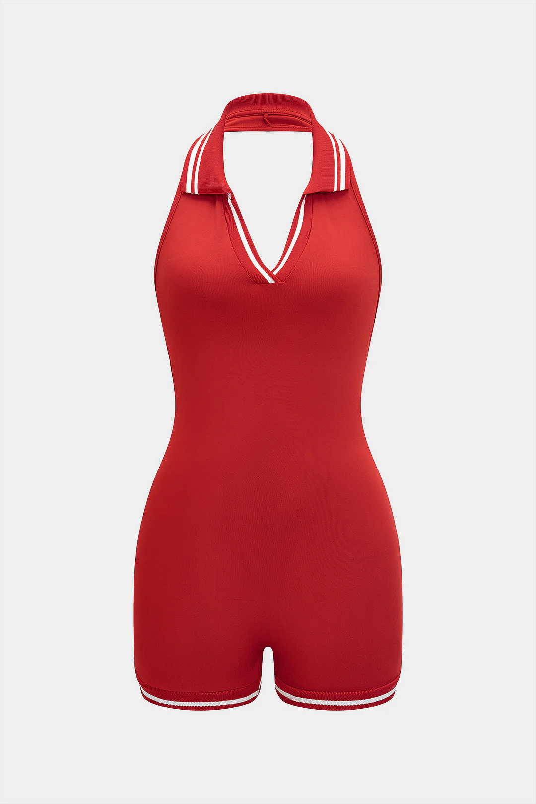 Contrast Halter V-Neck Backless Tie Back Sleeveless Romper - Flockneti