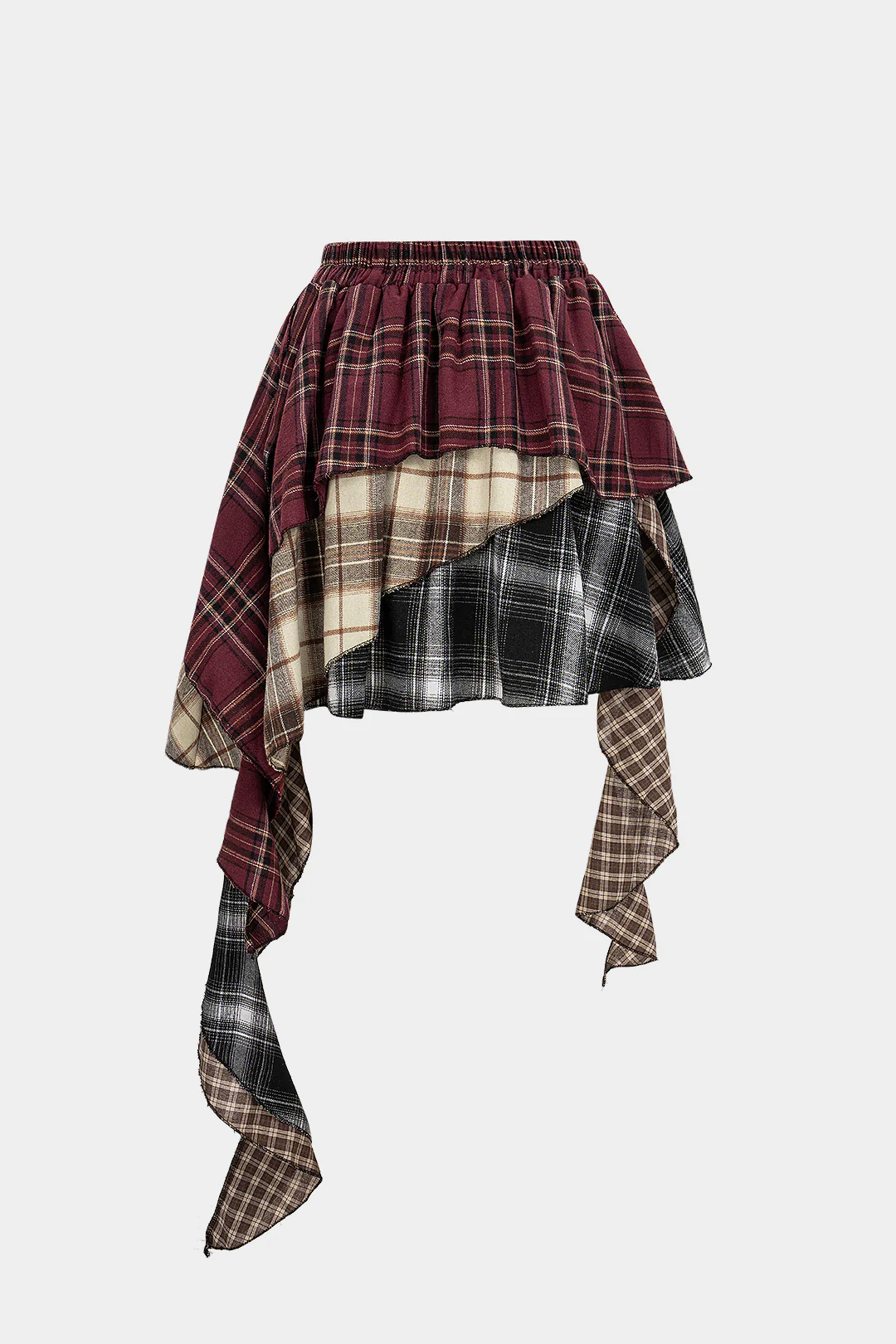 Contrast Plaid Print Asymmetrical Layer Skirt - Flockneti