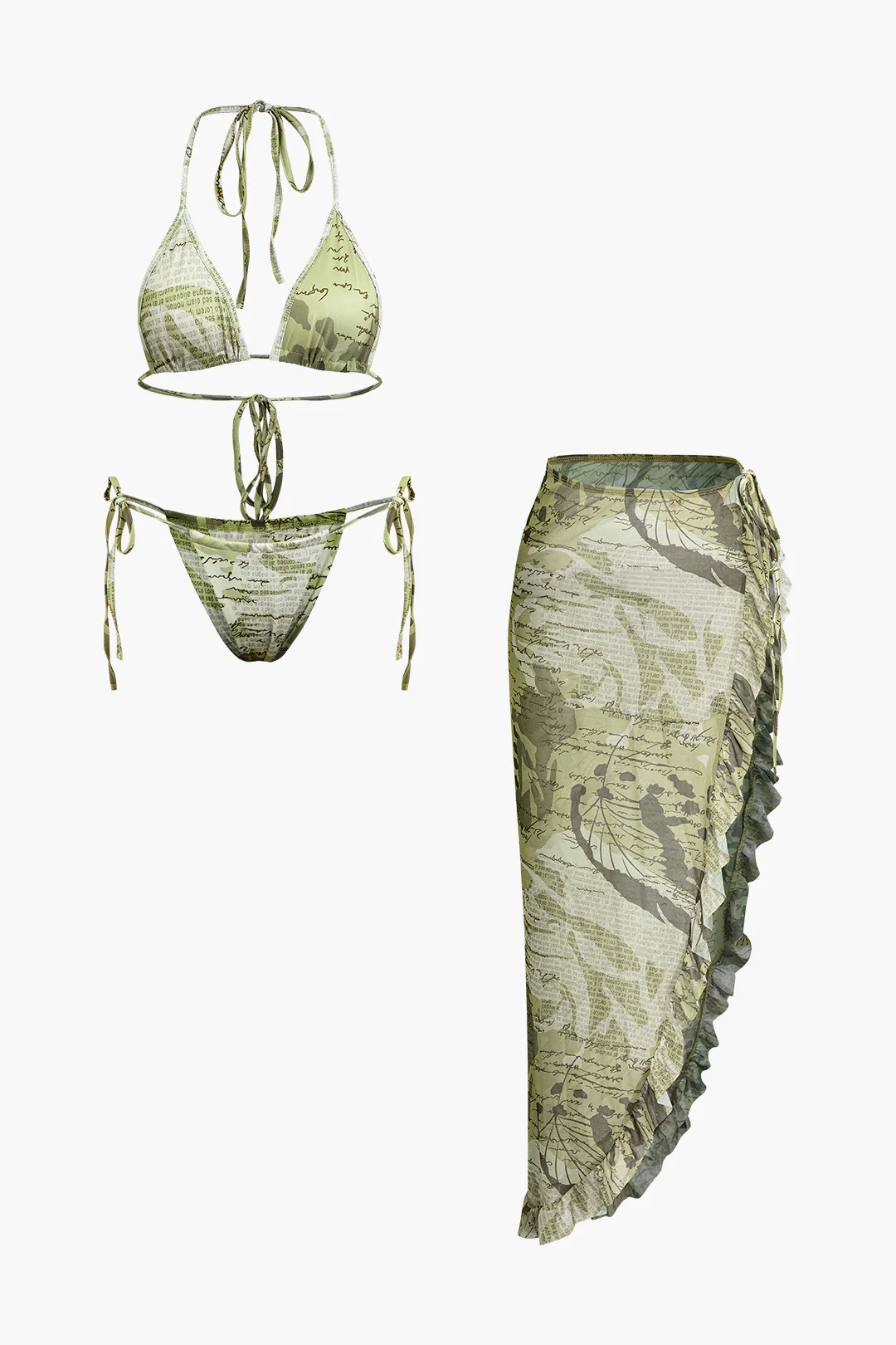 Letter Print Backless Tie-Up Asymmetrical Bikini Set - Flockneti