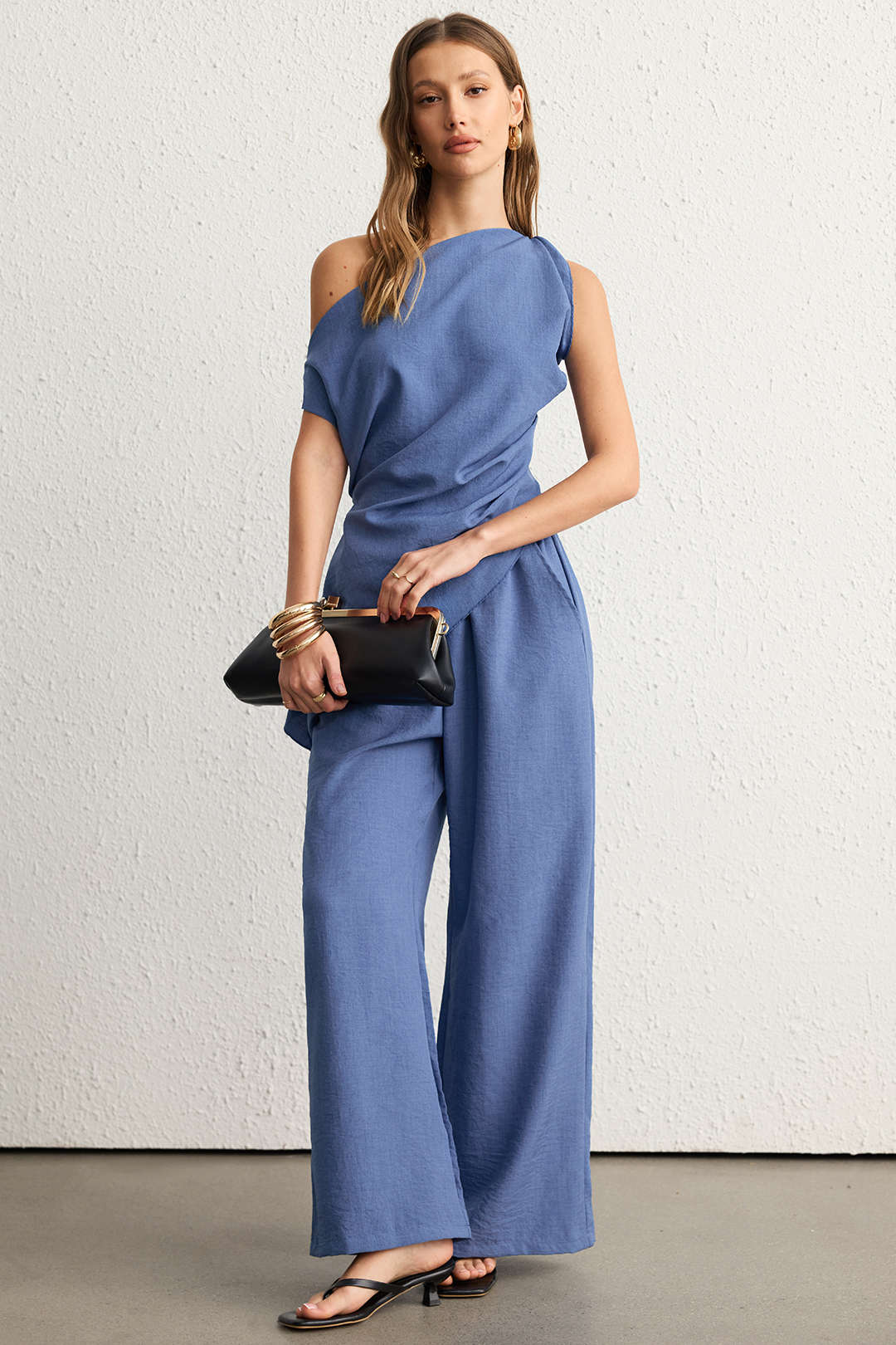 Solid One Shoulder Ruched Asymmetrical Tank Top And Wide Leg Pants Set - Flockneti
