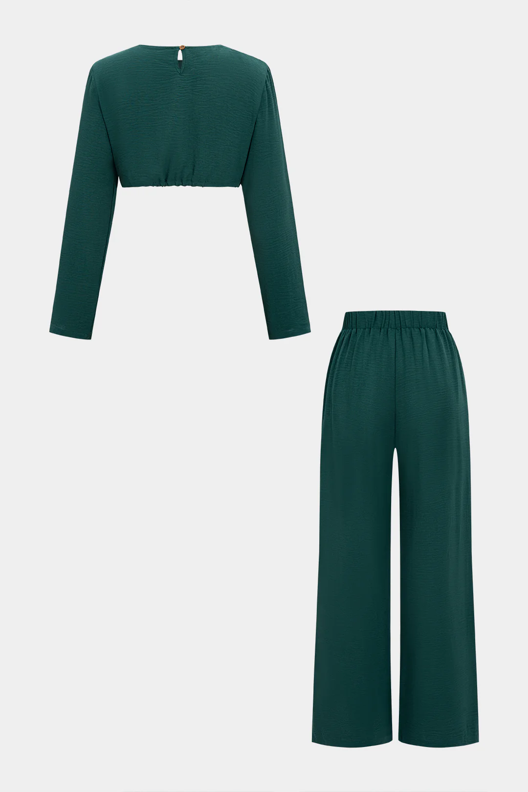 Tie-Up V-Neck Long-Sleeve Top And Wide Leg Trousers Set - Flockneti