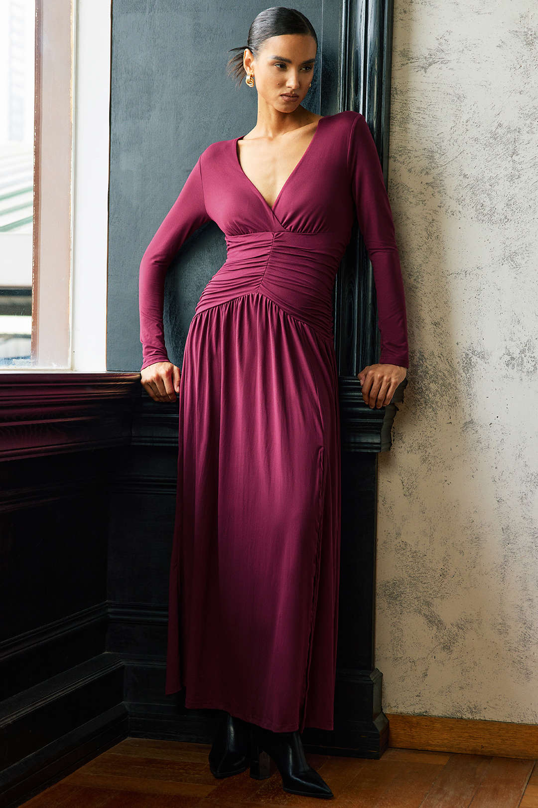 Ruched V-Neck Long Sleeve Maxi Dress - Flockneti