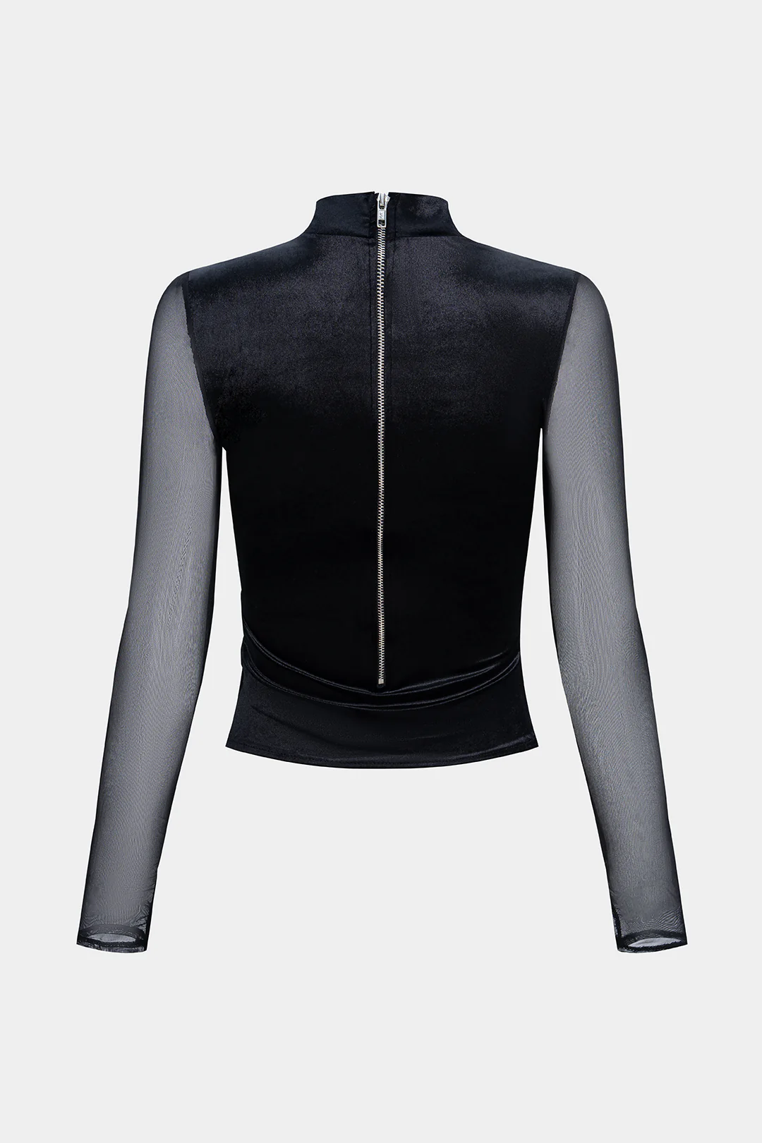 Mesh Patchwork Velvet Mock Neck Asymmetrical Cut Out Long-Sleeve Top - Flockneti