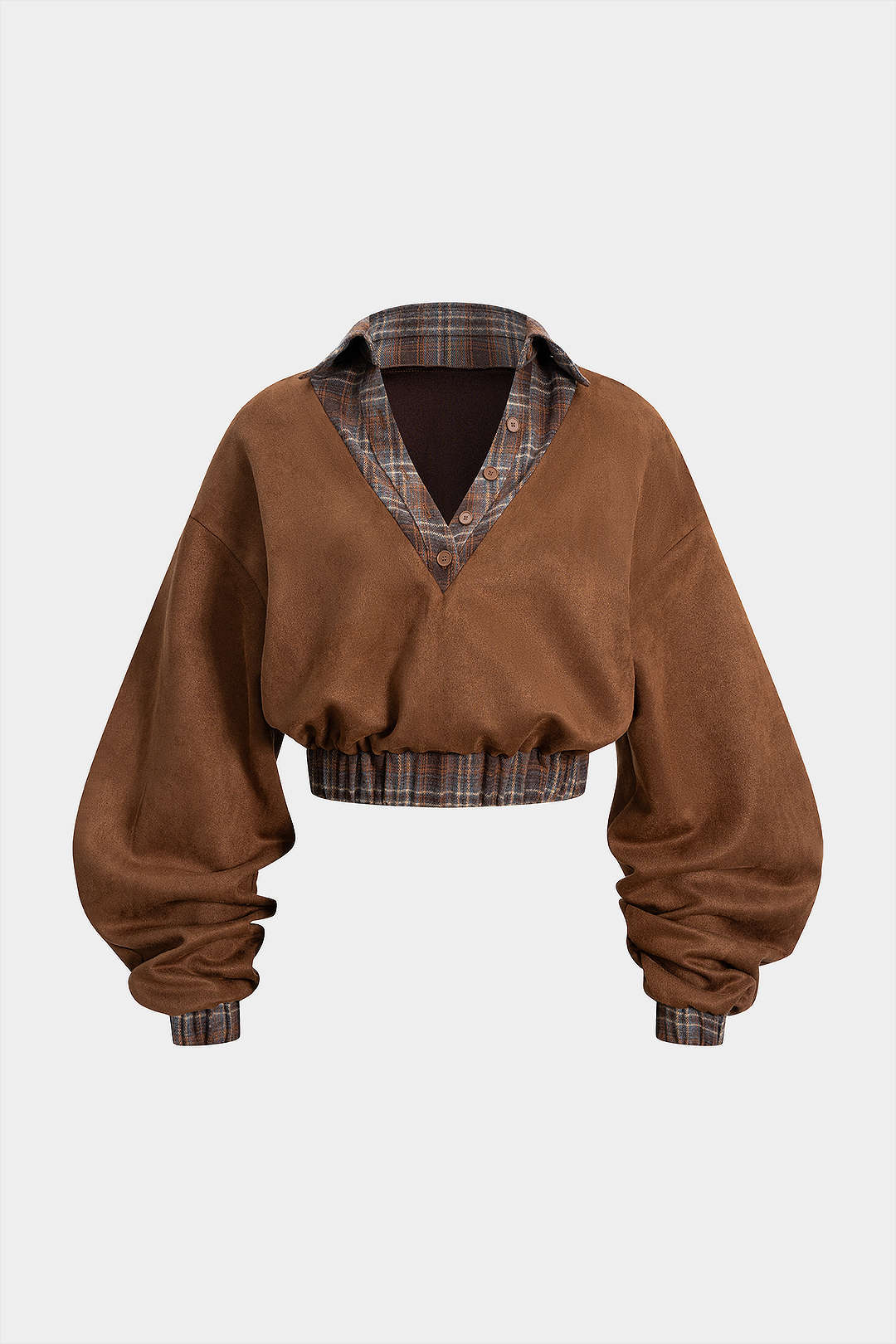 Plaid Print Suede Patchwork Button Shirred Waistband Sweatshirt - Flockneti