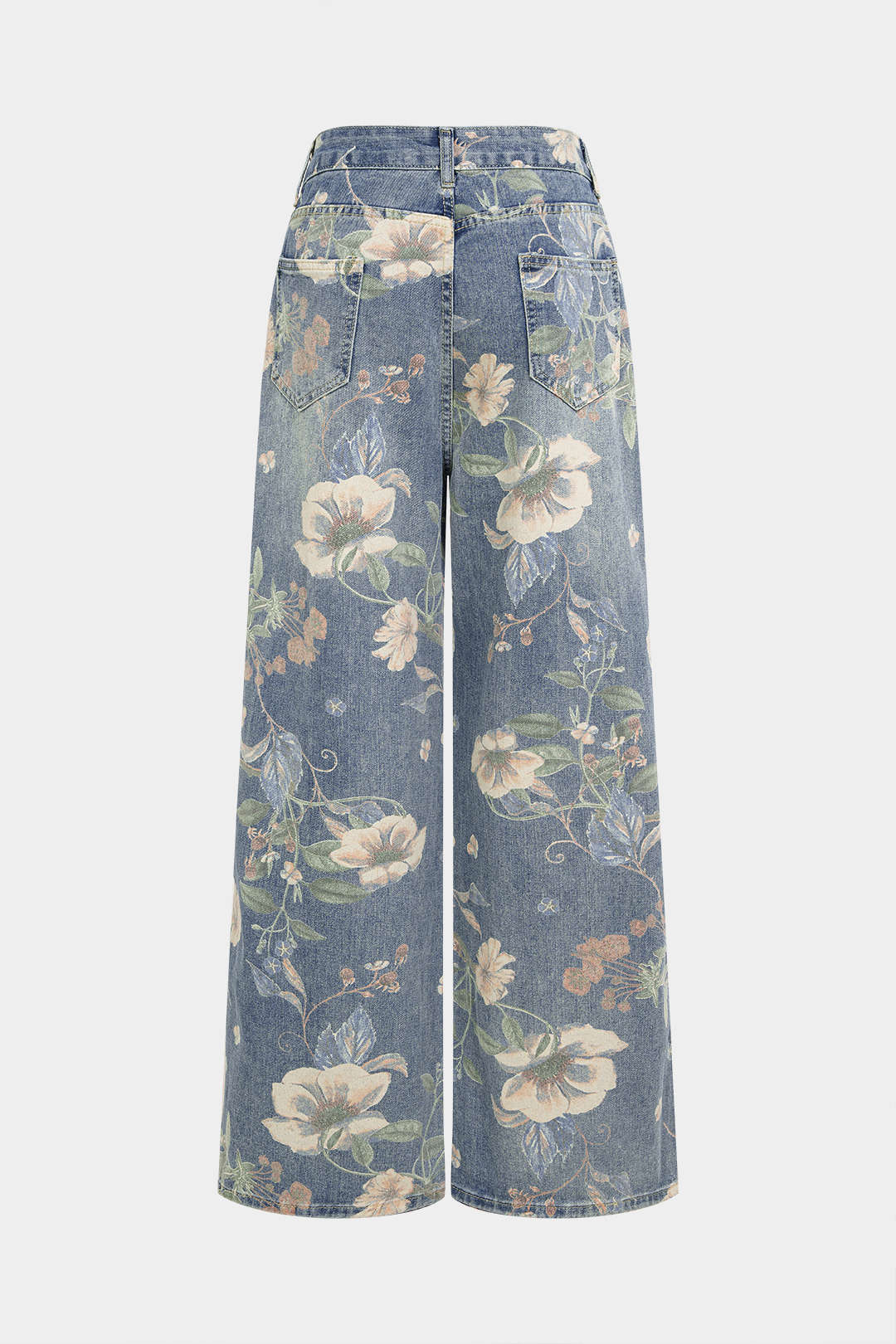 Denim Floral Print High Waist Straight Leg Jeans - Flockneti
