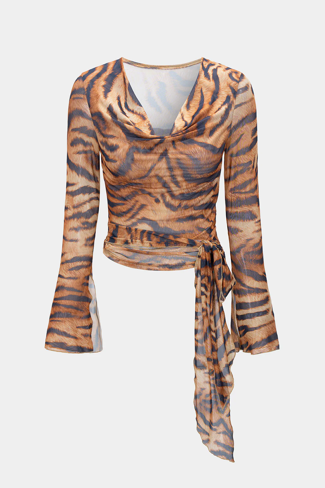 Leopard Print Draped Cowl Neck Tie Front Long-Sleeve Top - Flockneti