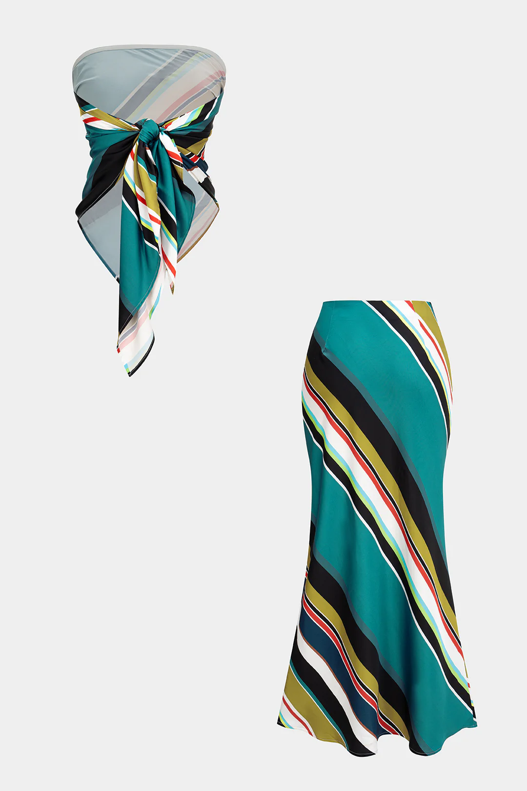 Contrast Stripes Print Satin Tie Back Tube Top And High Waist Skirt Set - Flockneti