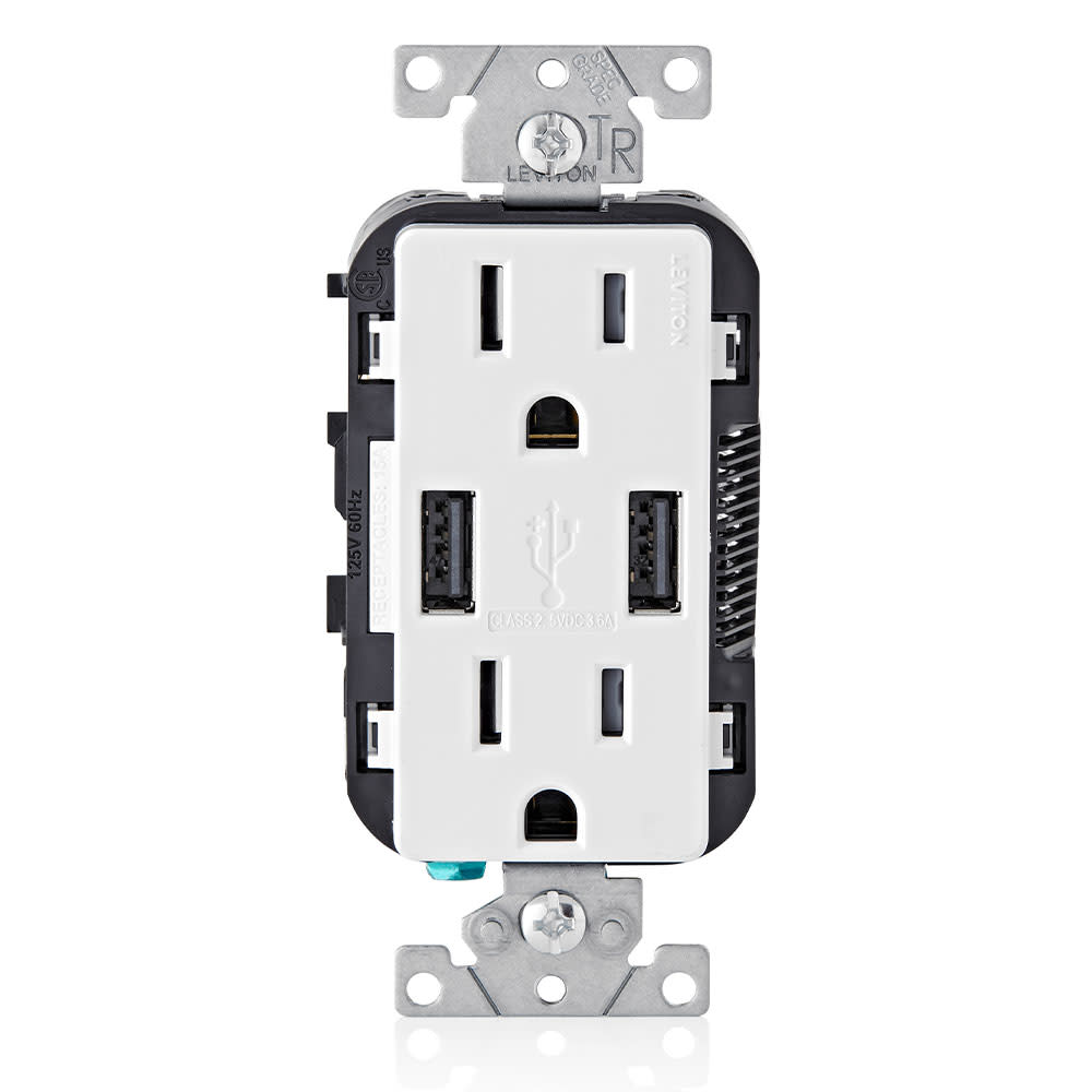 Leviton Receptacle/Outlet & 3.6A USB Charger 15A 125V White - Flockneti