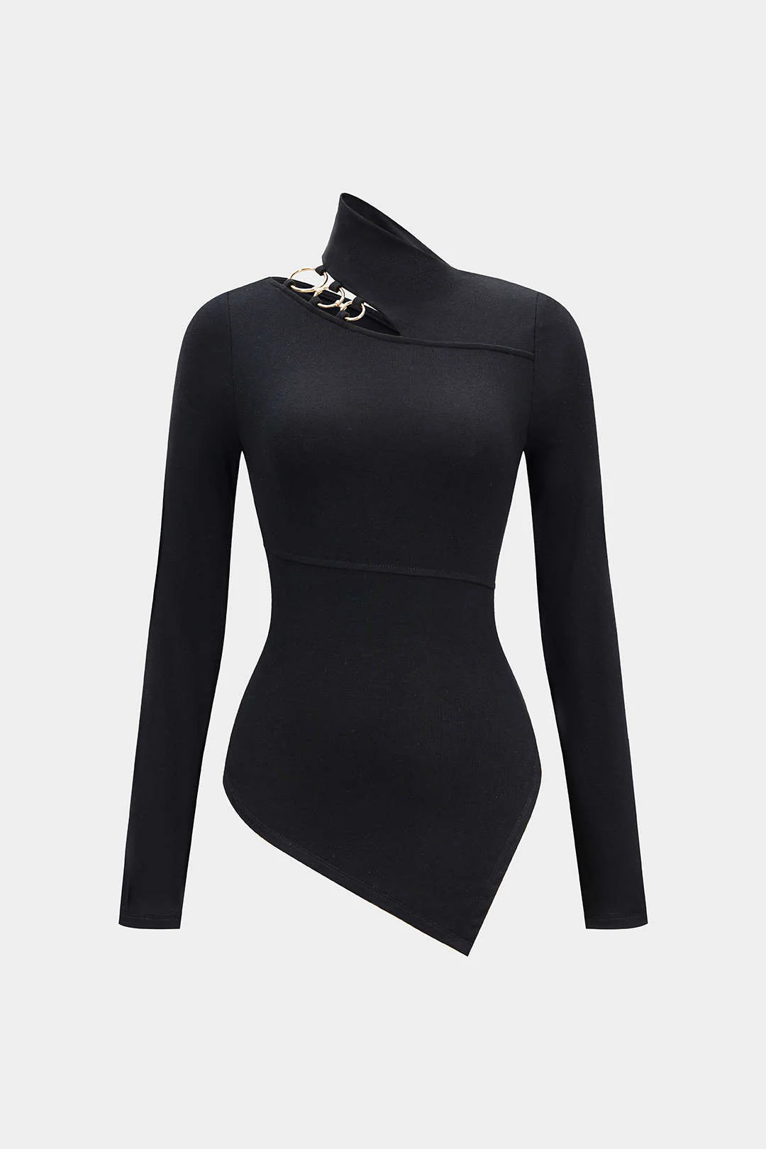 Metallic Ring Asymmetrical Long-Sleeve Top - Flockneti
