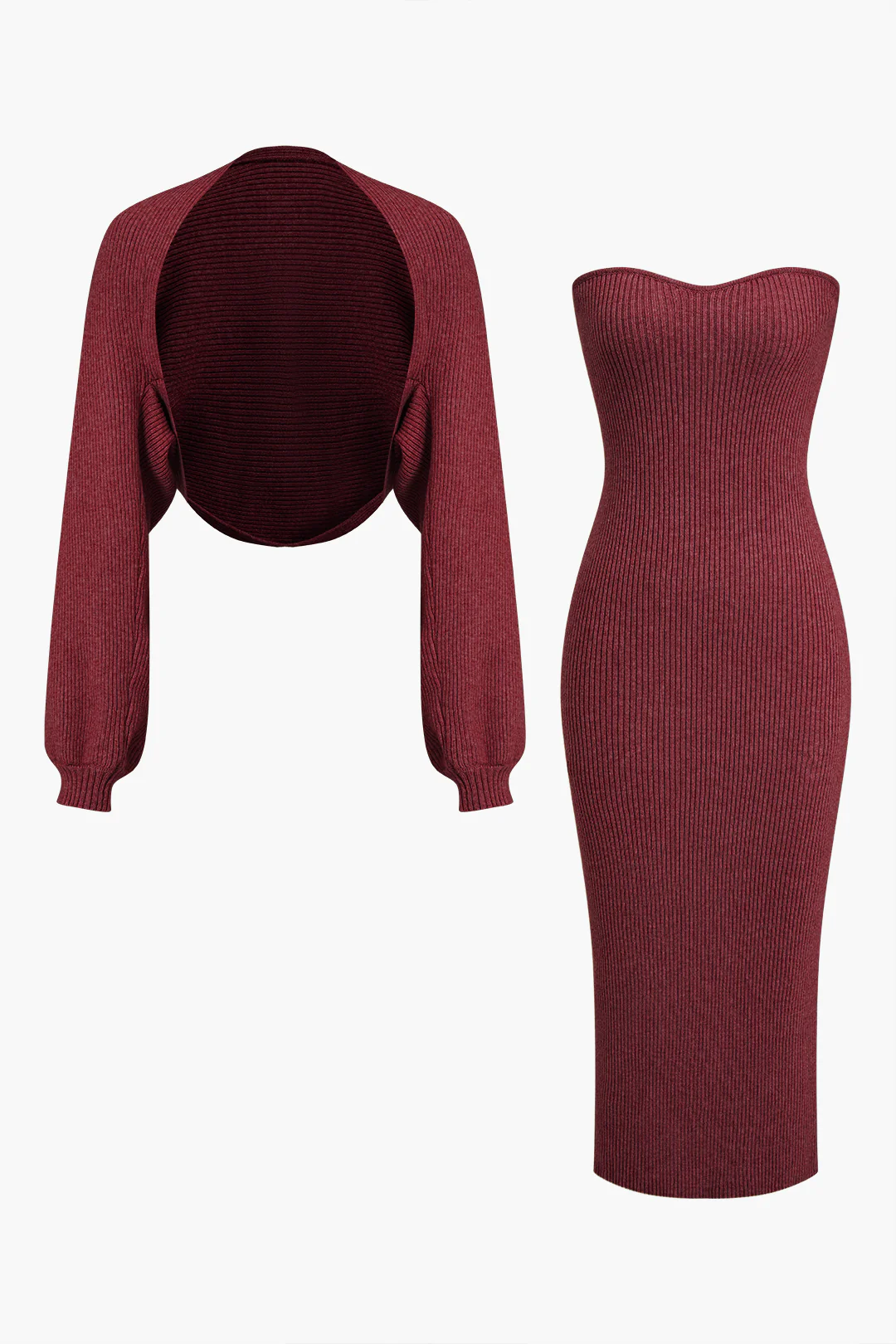 Ribbed Knit Strapless Midi Dress And Bolero Set - Flockneti