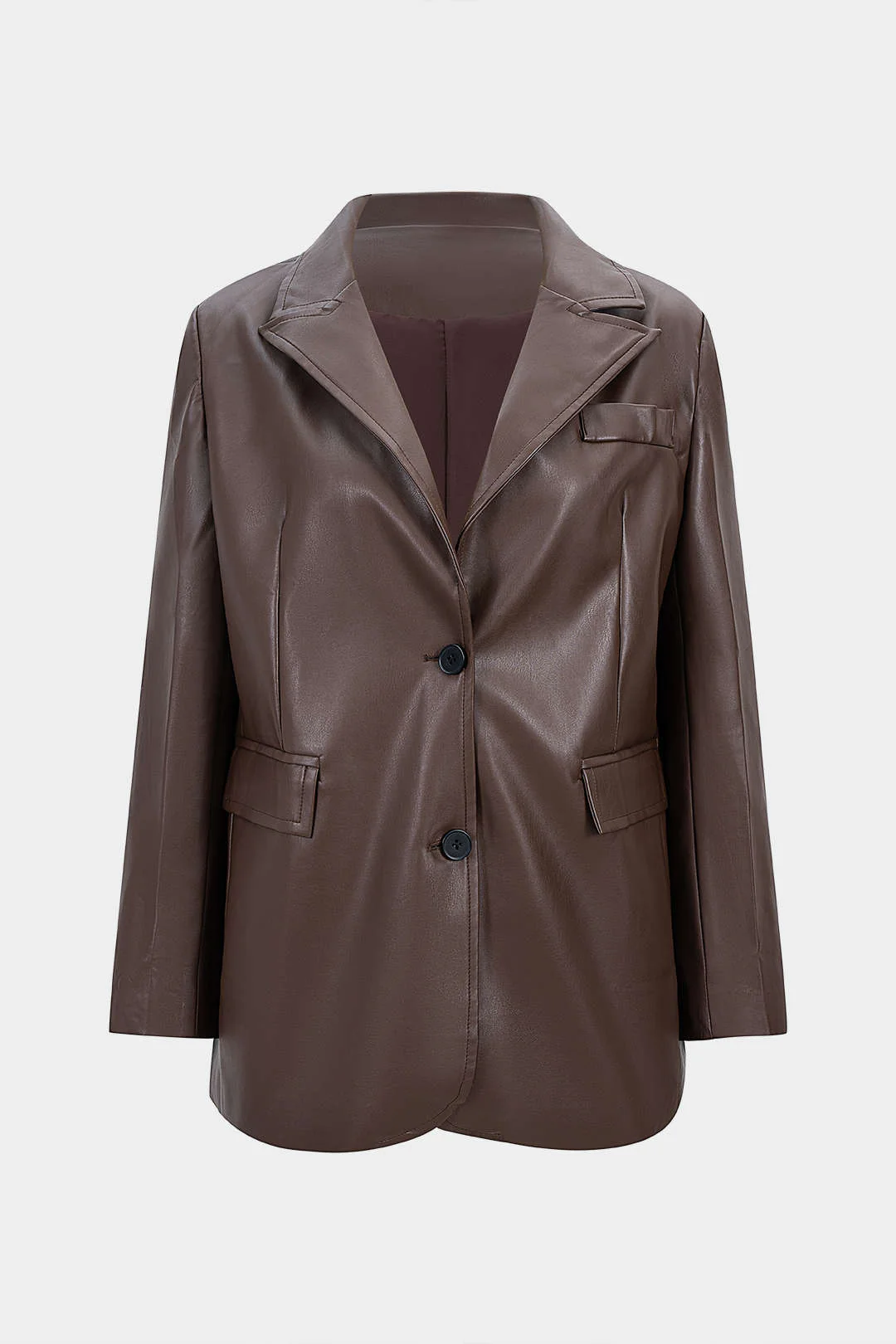 Notched Lapel V-Neck Faux Leather Blazer - Flockneti