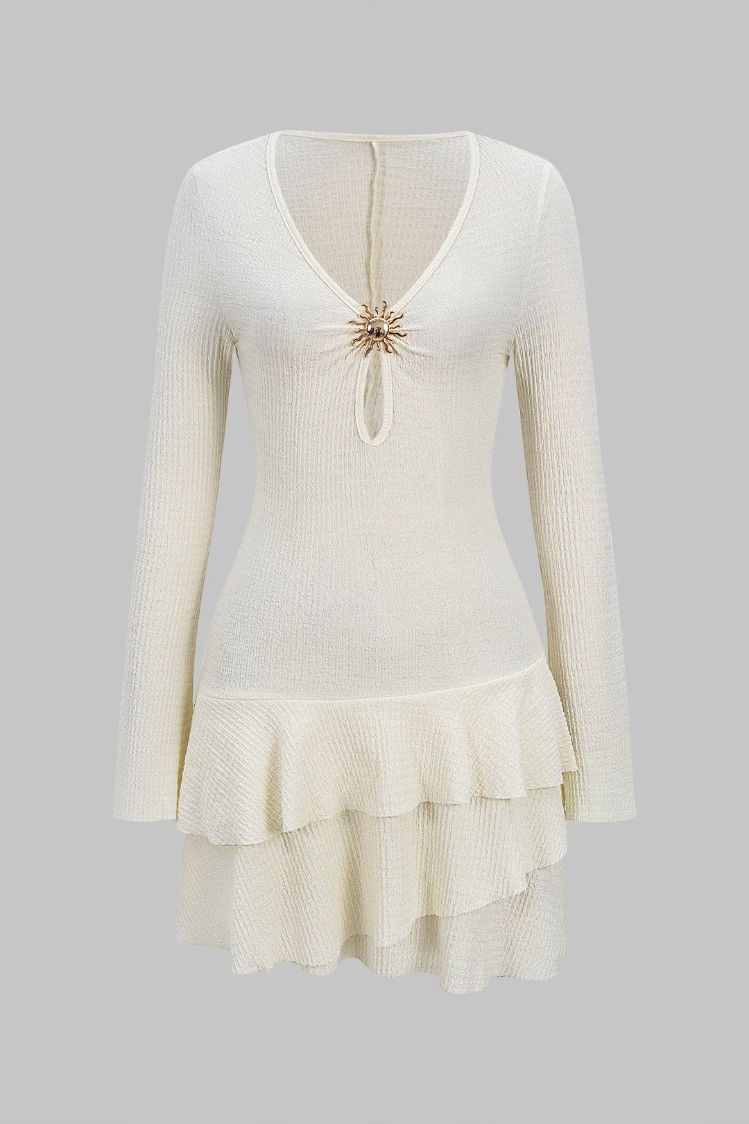 V-Neck Metallic Decor Cut Out Ruffle Hem Long Sleeve Mini Dress - Flockneti