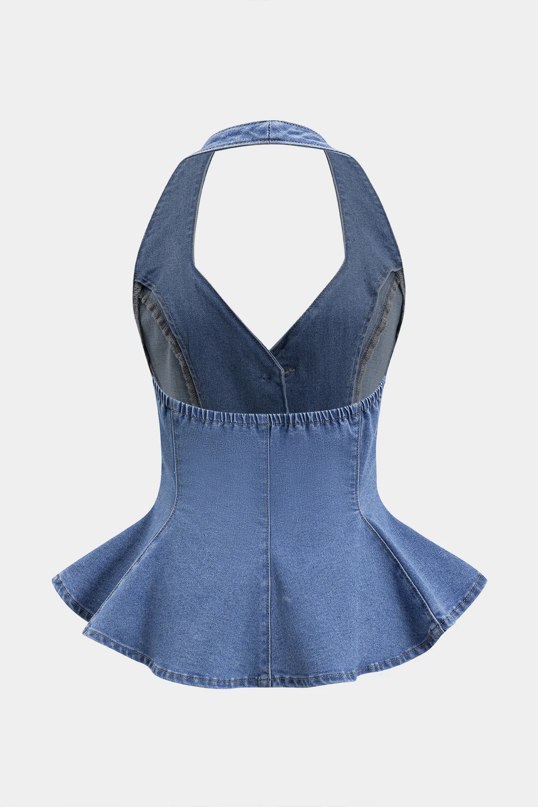 Denim Ruched Button Backless Crop Top - Flockneti