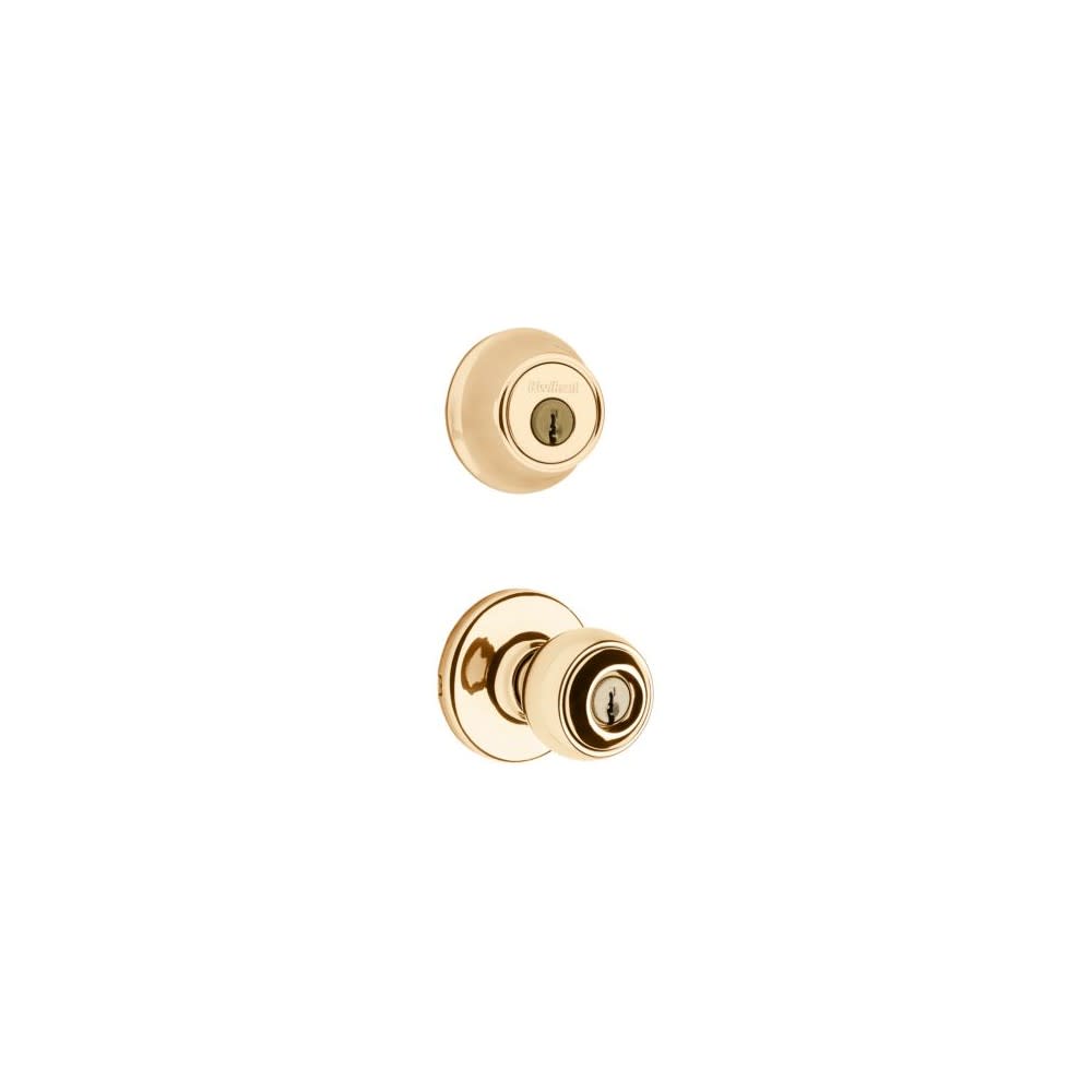 Kwikset Polished Brass Polo Door Knob & Single Cylinder Deadbolt Set - Flockneti