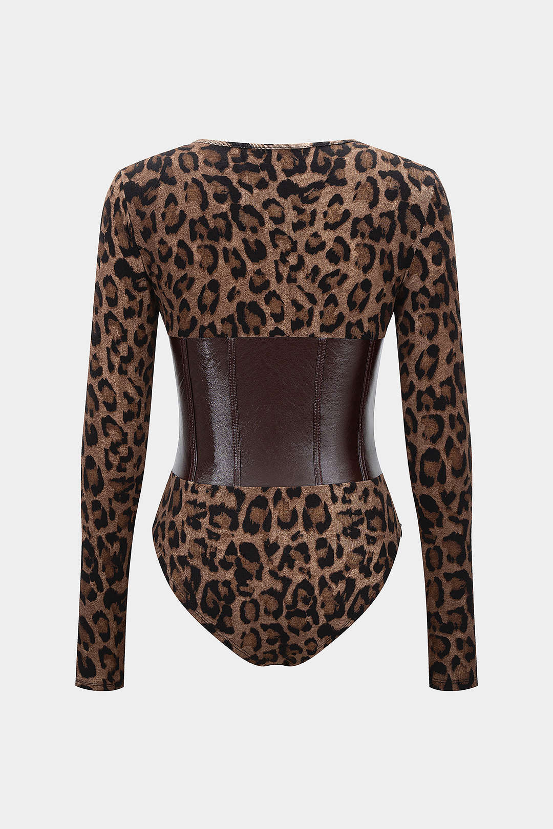 Leopard Print Faux Leather Patchwork Long-Sleeve Bodysuit - Flockneti