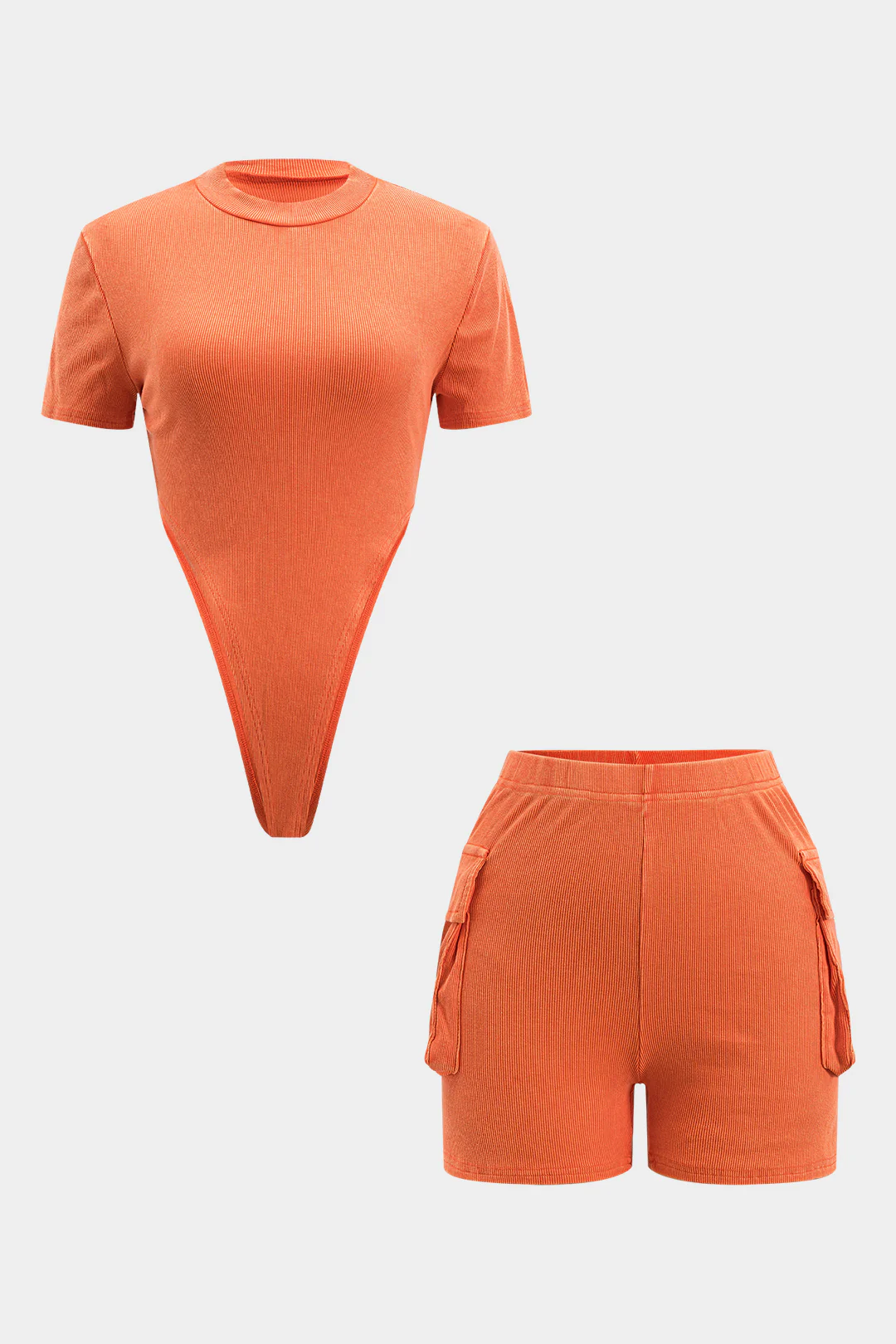 Short Sleeve Bodysuit And  Pocket Detail Shorts Set - Flockneti