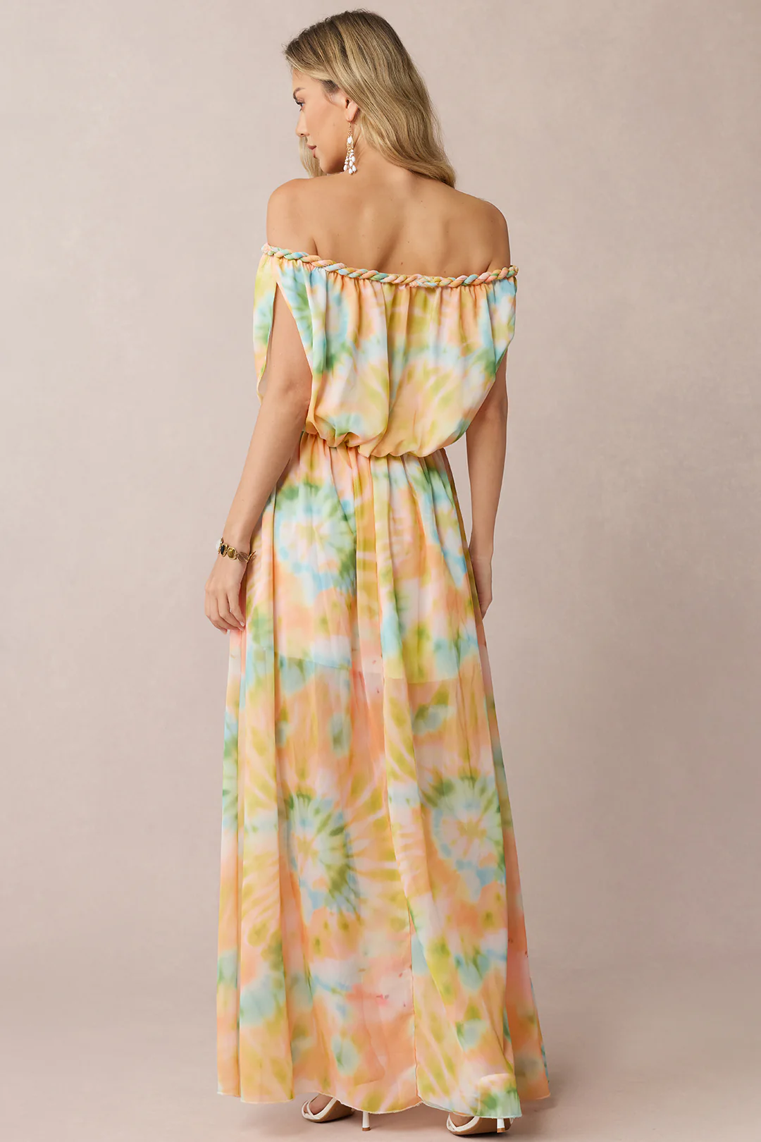 Tie Dye Print Chiffon Off Shoulder Twist Knot Ruched Sleeveless Maxi Dress - Flockneti