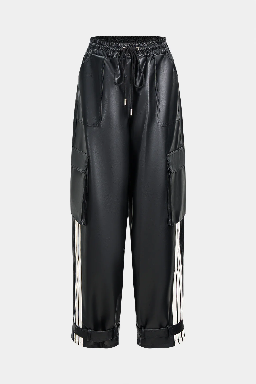 Faux Leather Shirred Waistband Drawstring Wide Leg Pants - Flockneti