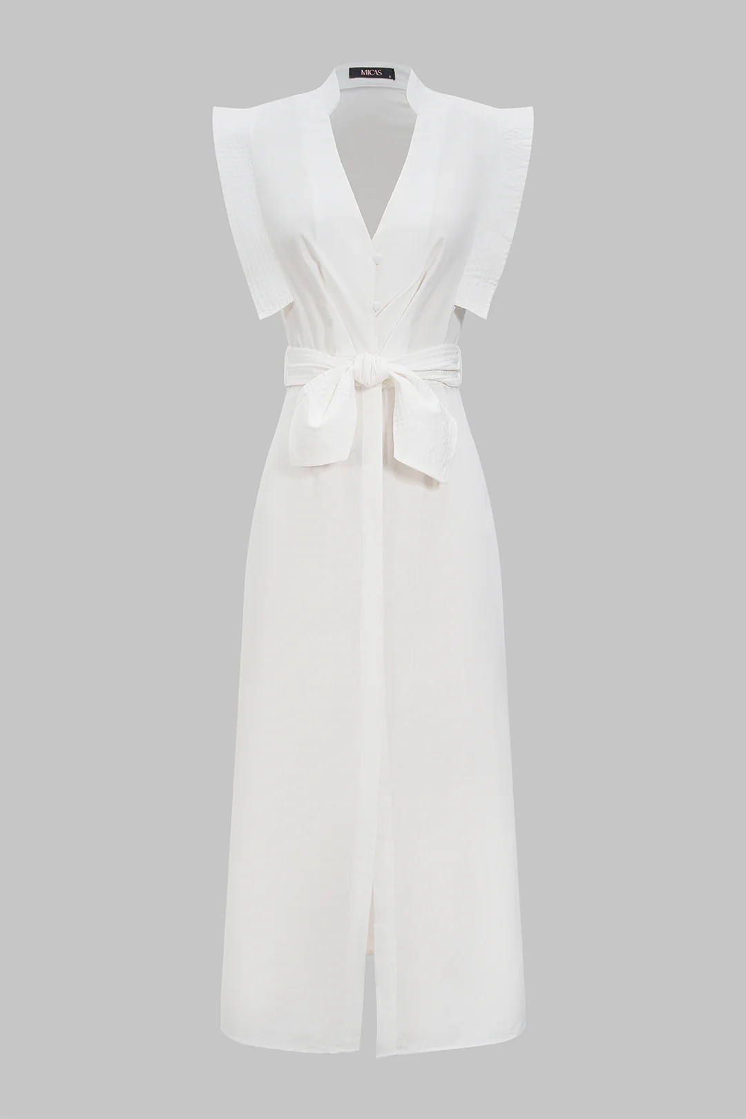 Linen Flutter Sleeve V-Neck Tie Front Slit Maxi Dress - Flockneti