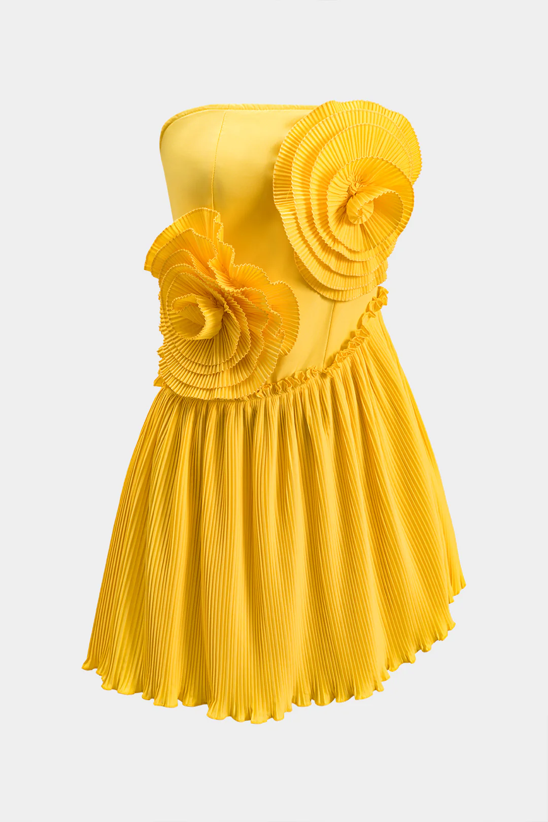 3D Floral Pleated Strapless Mini Dress - Flockneti