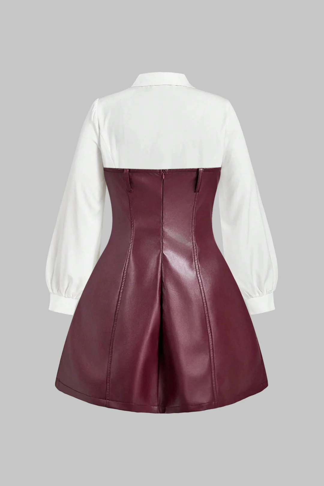 Plus Size Faux Leather Patchwork V-Neck Long Sleeve Mini Dress - Flockneti