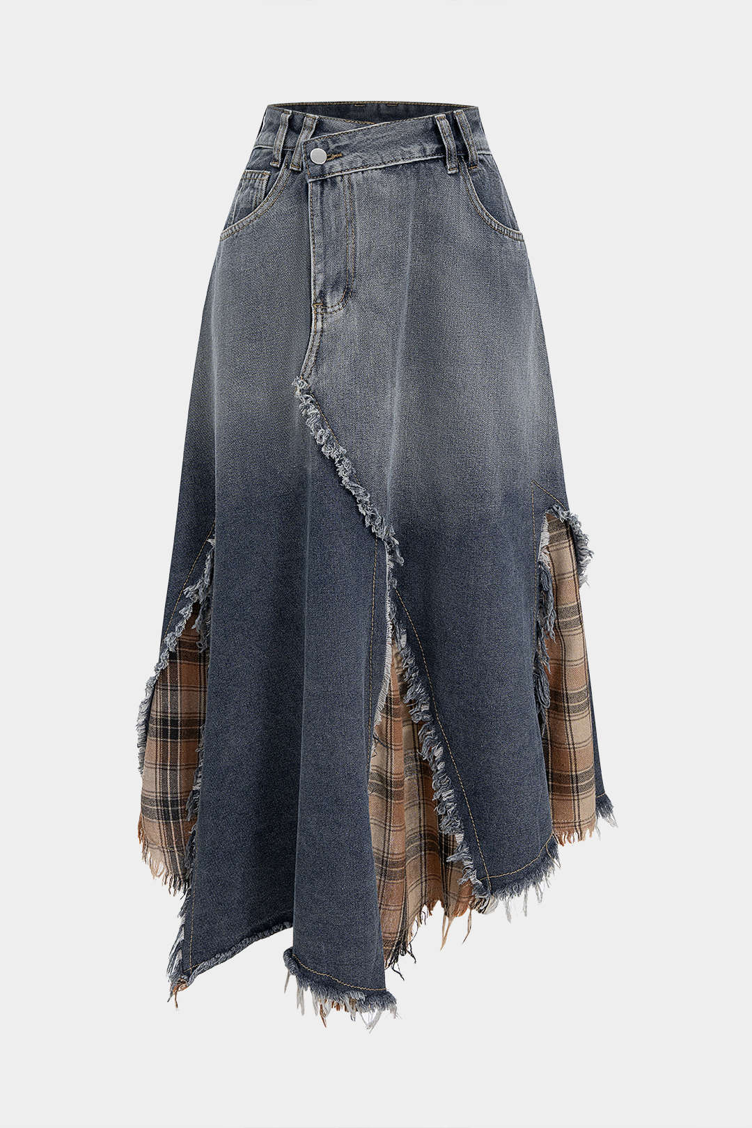 Denim Plaid Print Patchwork Frayed High Waist Skirt - Flockneti