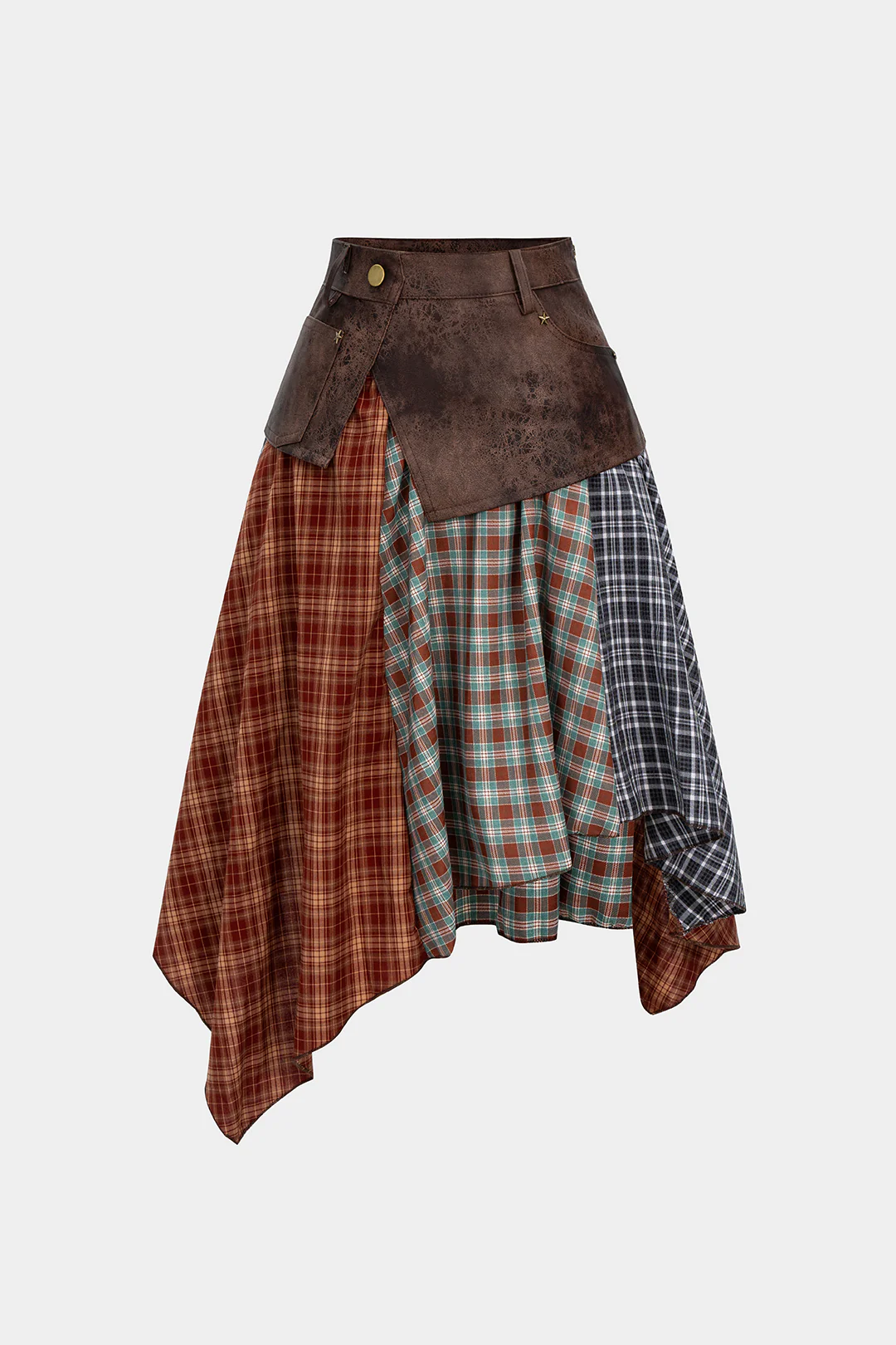 Plaid Contrast Print Faux Leather Patchwork Irregular Hem Skirt - Flockneti