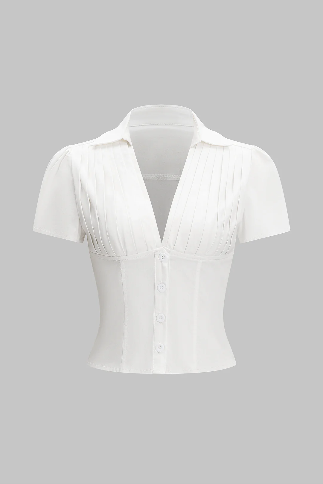V-Neck Pleated Button Short-Sleeve Shirt - Flockneti