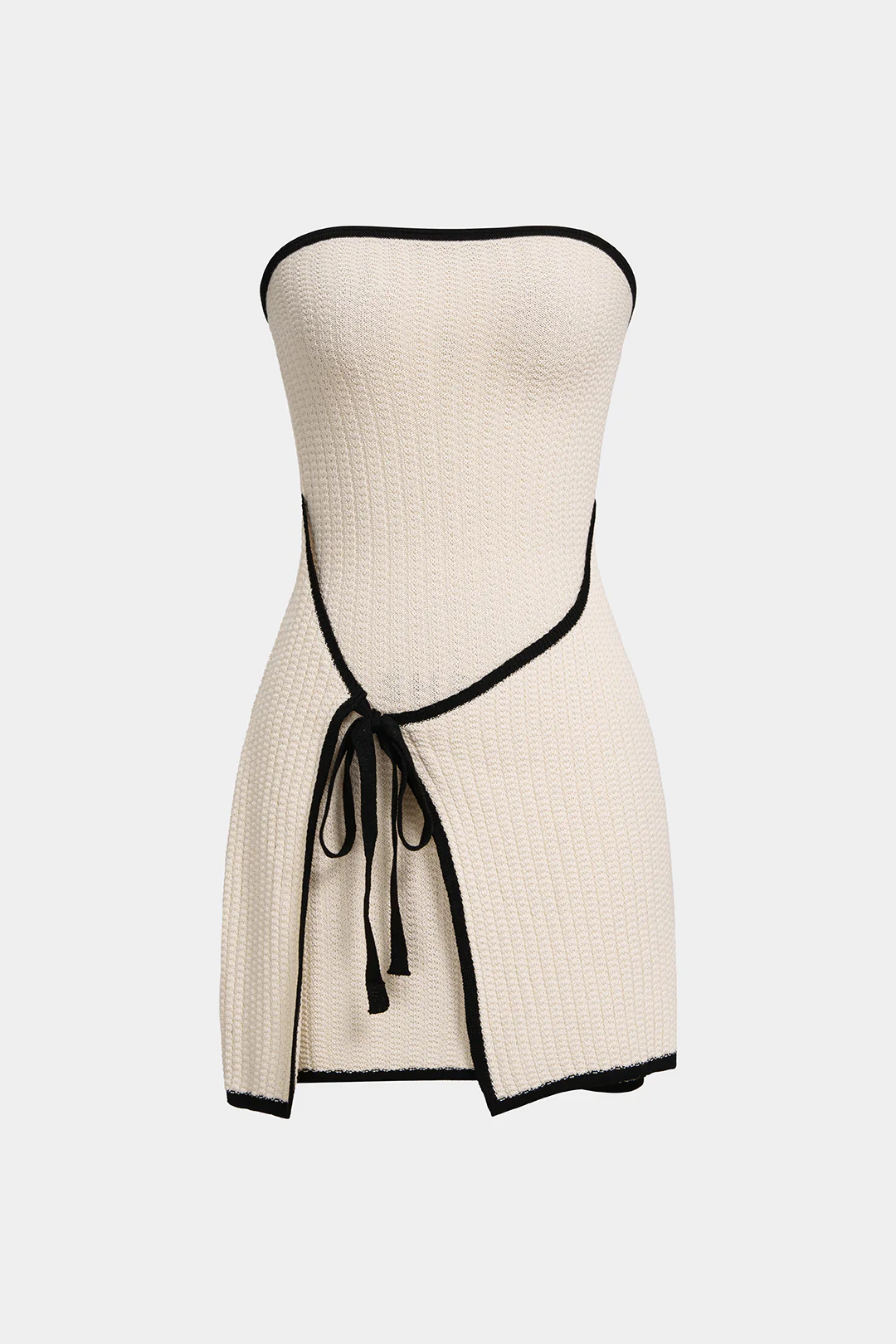 Knit Contrast Binding Wrap Tie-Up Strapless Sleeveless Mini Dress - Flockneti