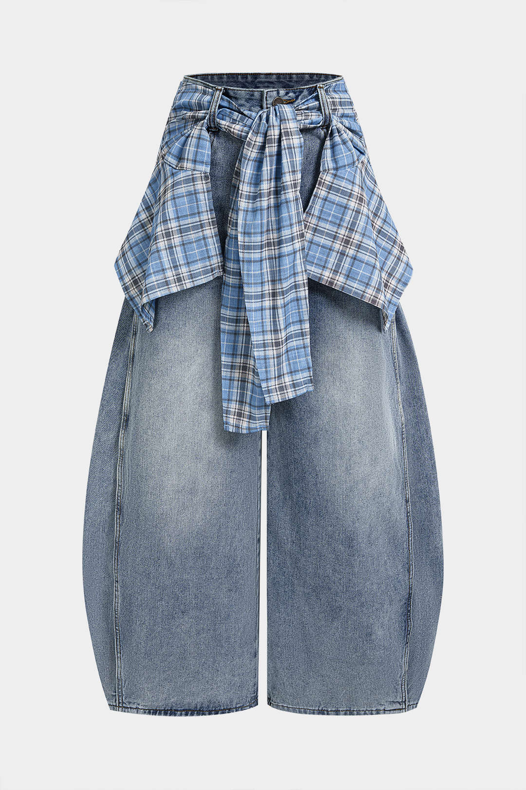Denim Plaid Print Tie-Up Pocket High Waist Jeans - Flockneti
