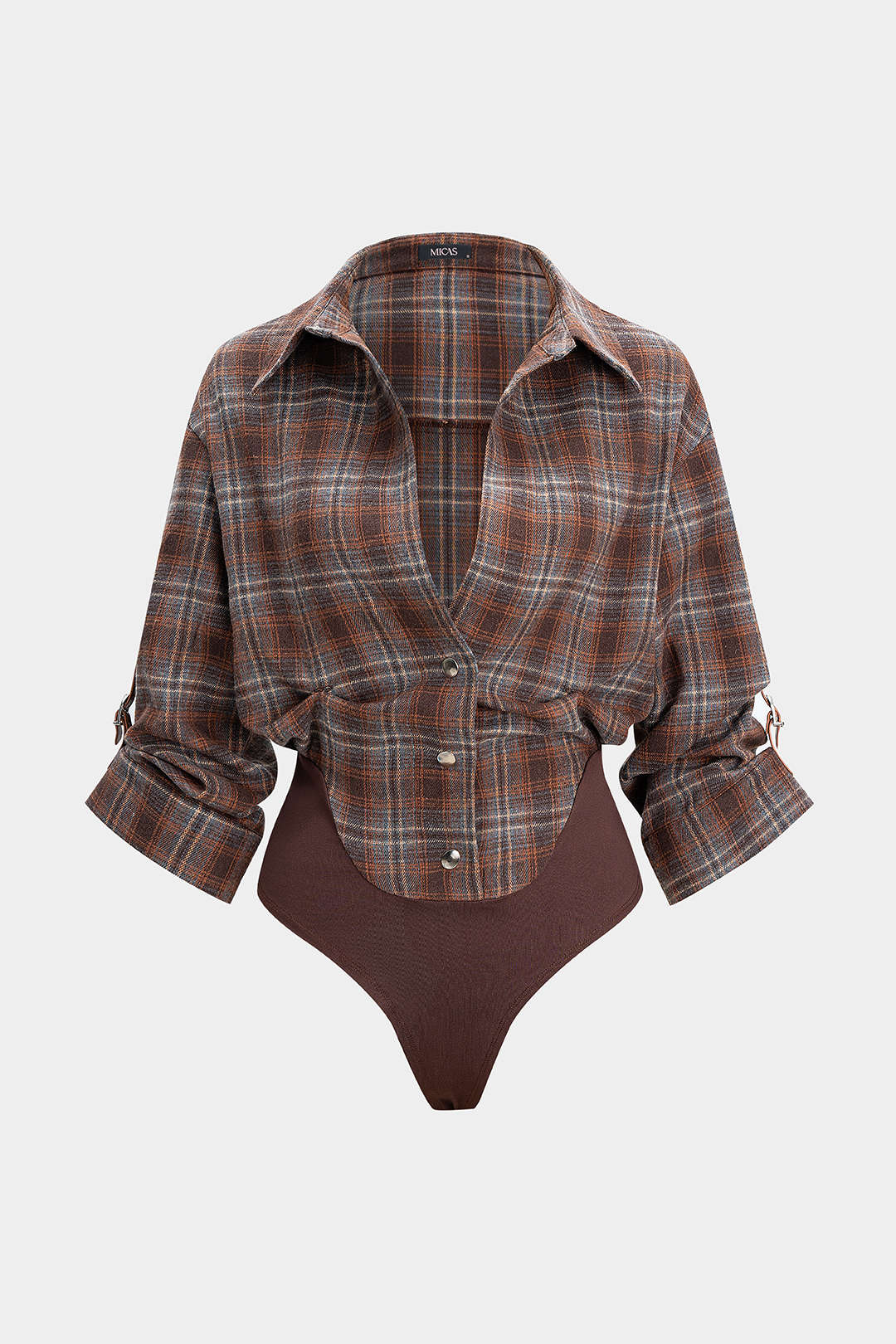 Plaid Print V-Neck Long Sleeve Bodysuit - Flockneti