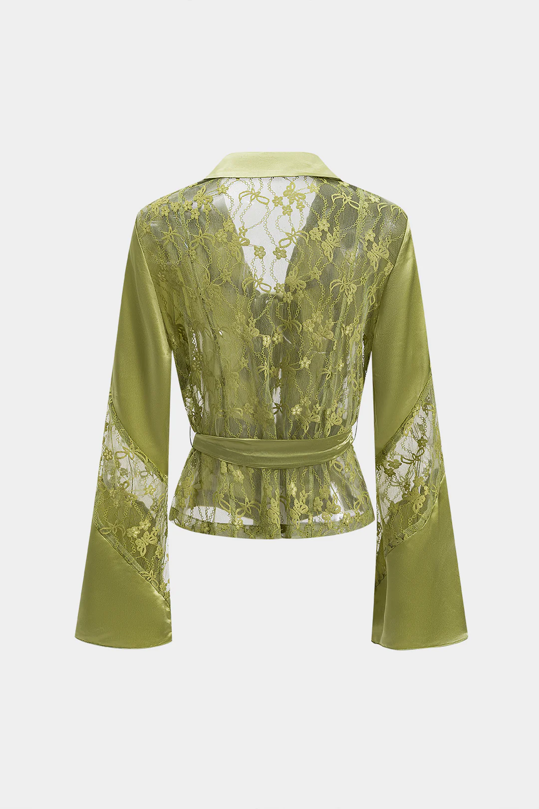 Satin Patchwork Tie Front Bell Sleeve Long-Sleeve Shirt - Flockneti