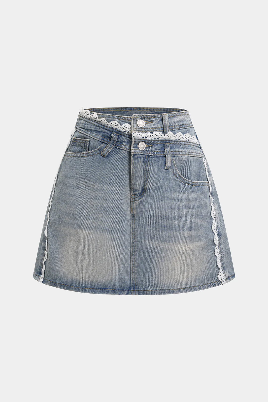 Denim Patchwork Lace Trim Asymmetrical High Waist Skirt - Flockneti