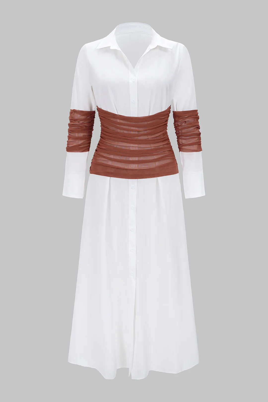 Patchwork Mesh Ruched Lapel Long Sleeve Midi Dress - Flockneti