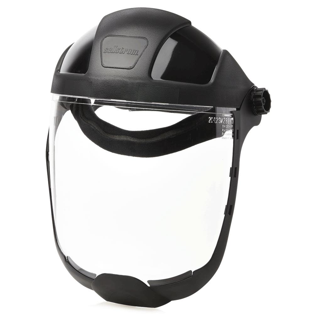 Sellstrom Multi-Purpose Single Crown Face Shield with Ratchet Headgear and Chin Guard Clear Polycarbonate Window Anti-Fog Coating Black Crown - Flockneti